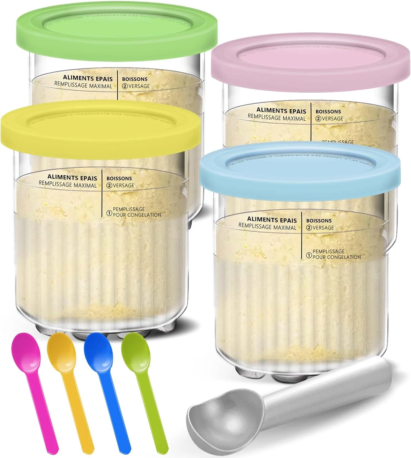 ظروف و درب های Creami برای Ninja - بسته 4 عددی 24 اونسی Deluxe 11-in-1، ظروف بستنی خامه ای، فنجان، شیشه، وان، قوطی، ست، ظرف اسموتی سازگار با دستگاه بستنی ساز NC501 NC500 Series Creamer