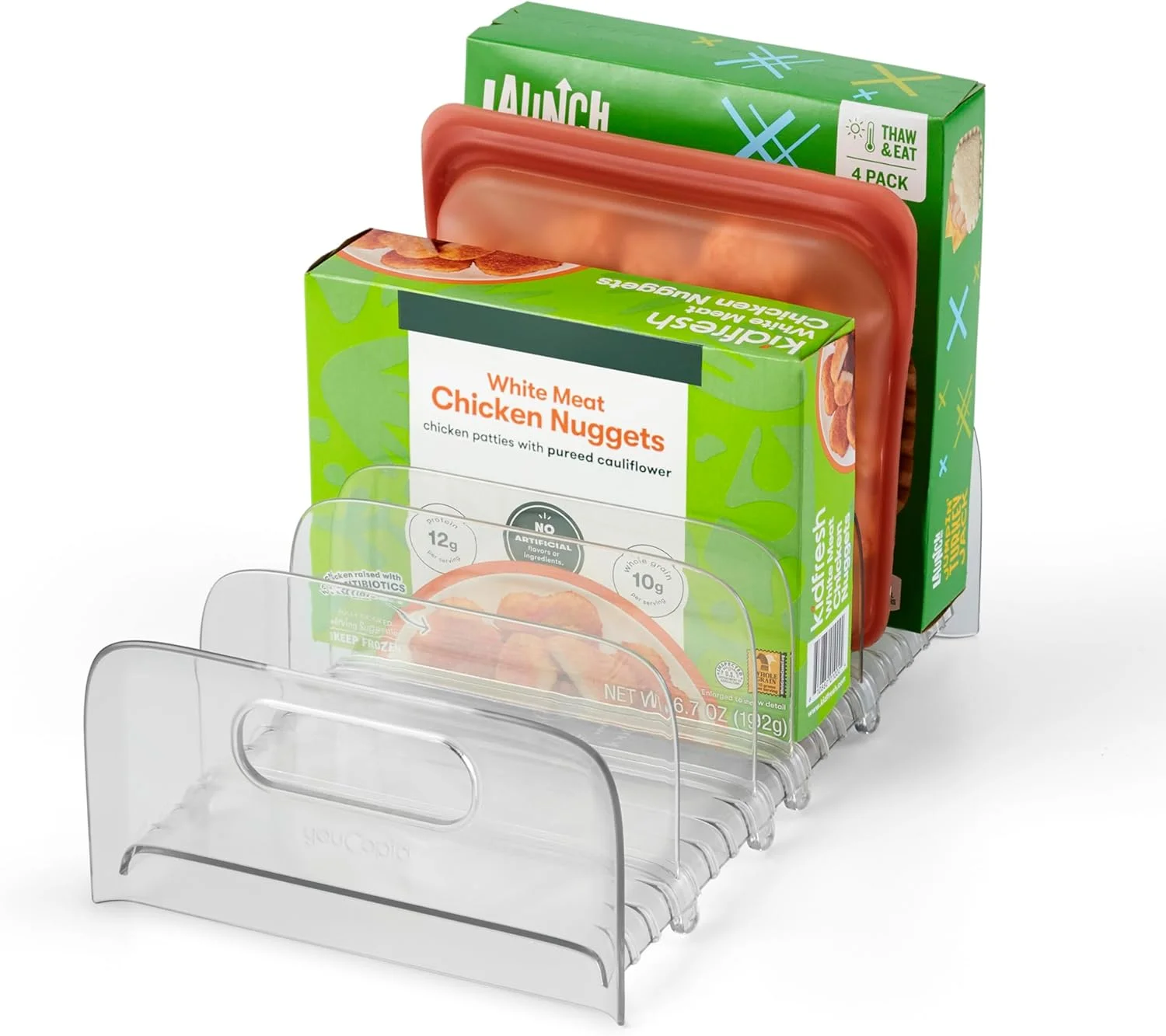 قفسه فریزر YouCopia FreezeUp، 12 اینچی، سازمان دهنده یخچال بدون BPA با جداکننده های قابل تنظیم و دستگیره برای جعبه غذای منجمد و نگهداری وعده های غذایی، شفاف