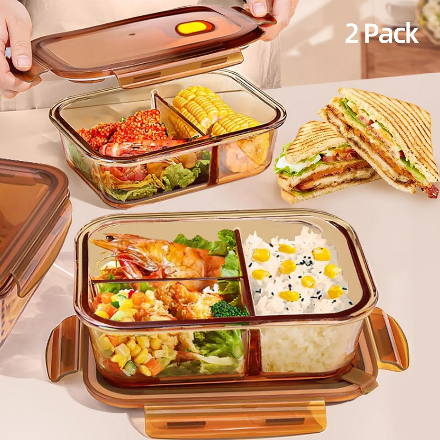 ست جعبه بنتو شیشه ای کهربایی YumLock همراه با کیف - ظروف نگهداری مواد غذایی درب دار مناسب آماده سازی غذا، قابل استفاده در مایکروویو و فر، 1 و 3 محفظه، مستطیلی