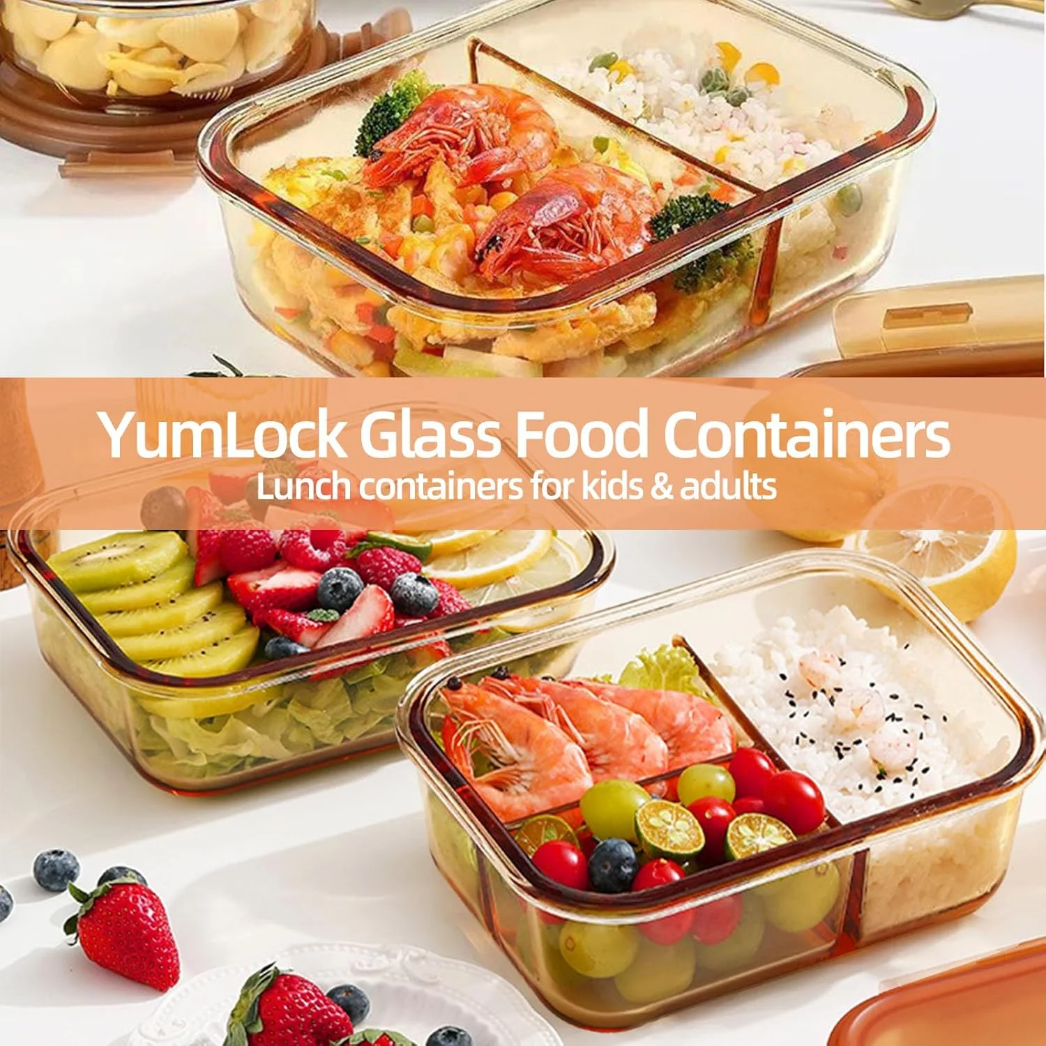 ست جعبه بنتو شیشه ای کهربایی YumLock همراه با کیف - ظروف نگهداری مواد غذایی درب دار مناسب آماده سازی غذا، قابل استفاده در مایکروویو و فر، 1 و 3 محفظه، مستطیلی