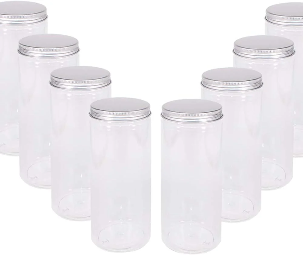 مجموعه 8 عددی ظروف پلاستیکی استوانه ای شفاف ZMYBCPACK، 600 میلی لیتری - ظروف با دهانه گشاد به همراه درب آلومینیومی - ظروف PET بدون BPA مناسب برای نگهداری مواد غذایی خشک، بادام زمینی، آبنبات در منزل و آشپزخانه