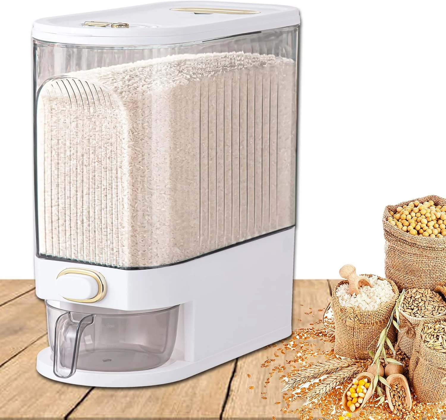 ظرف برنج 25 پوندی XIYAO، مخزن بزرگ و یکپارچه نگهداری غلات مهر و موم شده، ظرف برنج با پیمانه اندازه گیری، سازمان دهنده آشپزخانه توزیع کننده مواد غذایی برای برنج، لوبیا، غلات، غذای خشک کوچک