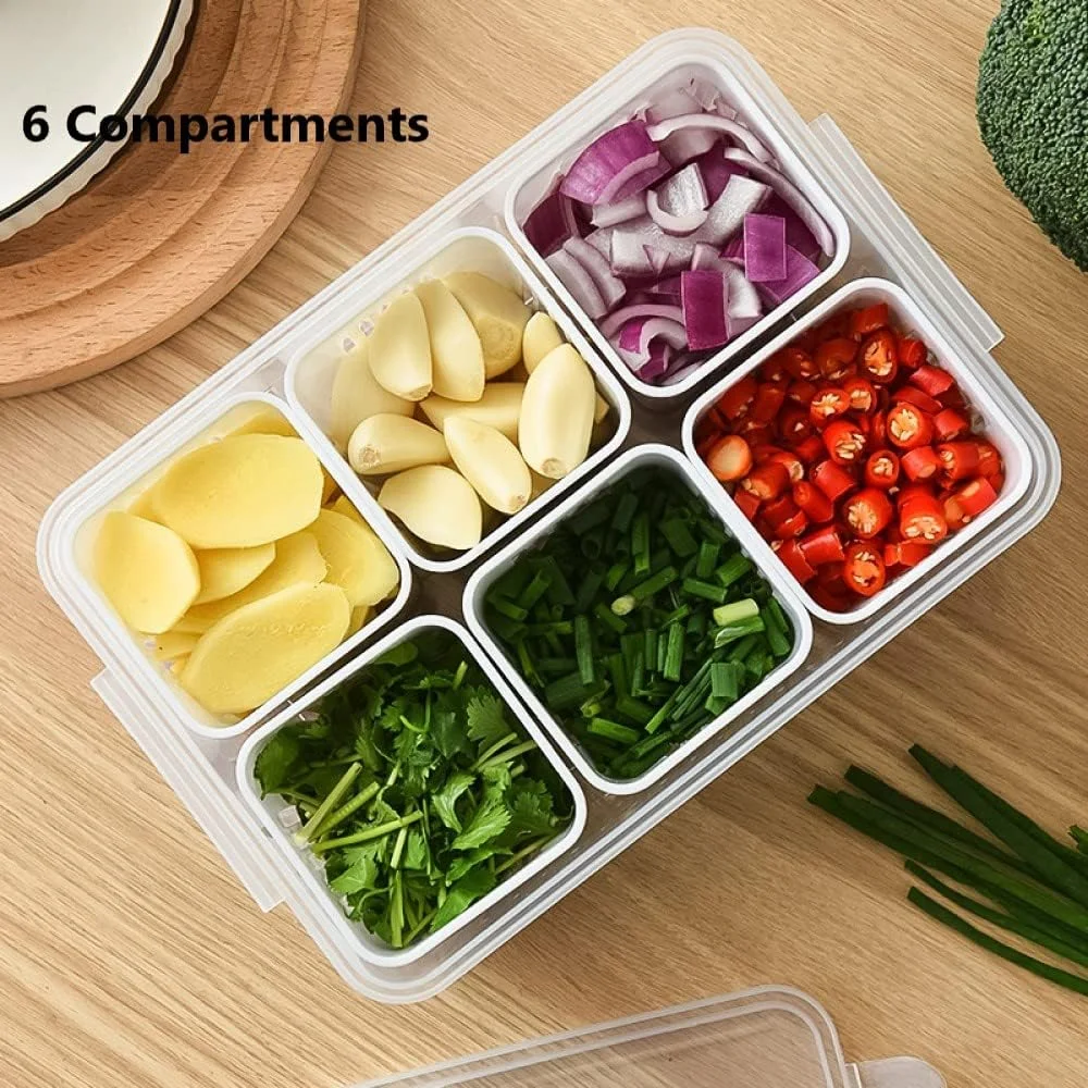 WEYSH Food Storage Box With Lid and 6 Compartments, Refrigerator Stackable Food Fruit Storage Containers