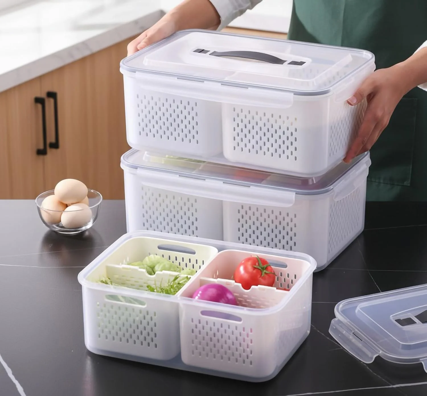 YAH XL Smart Kitchen Storage Boxes - Airtight, Microwave & Freezer Safe. Fridge & Pantry Organizers - Durable Containers - Draining Baskets & Dividers (XL - 2 Baskets & 2 Dividers)