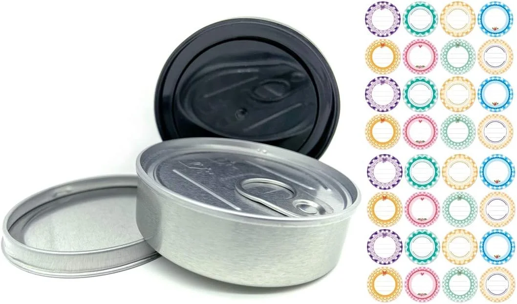 YEEPON 20sets Cali Self-seal Tin Can with Lid - Tuna Can Hoop Ring - NO TOOLS NEEDED + 32Pieces can Labels【100ml/3.5] (20sets) (3.5, 20)