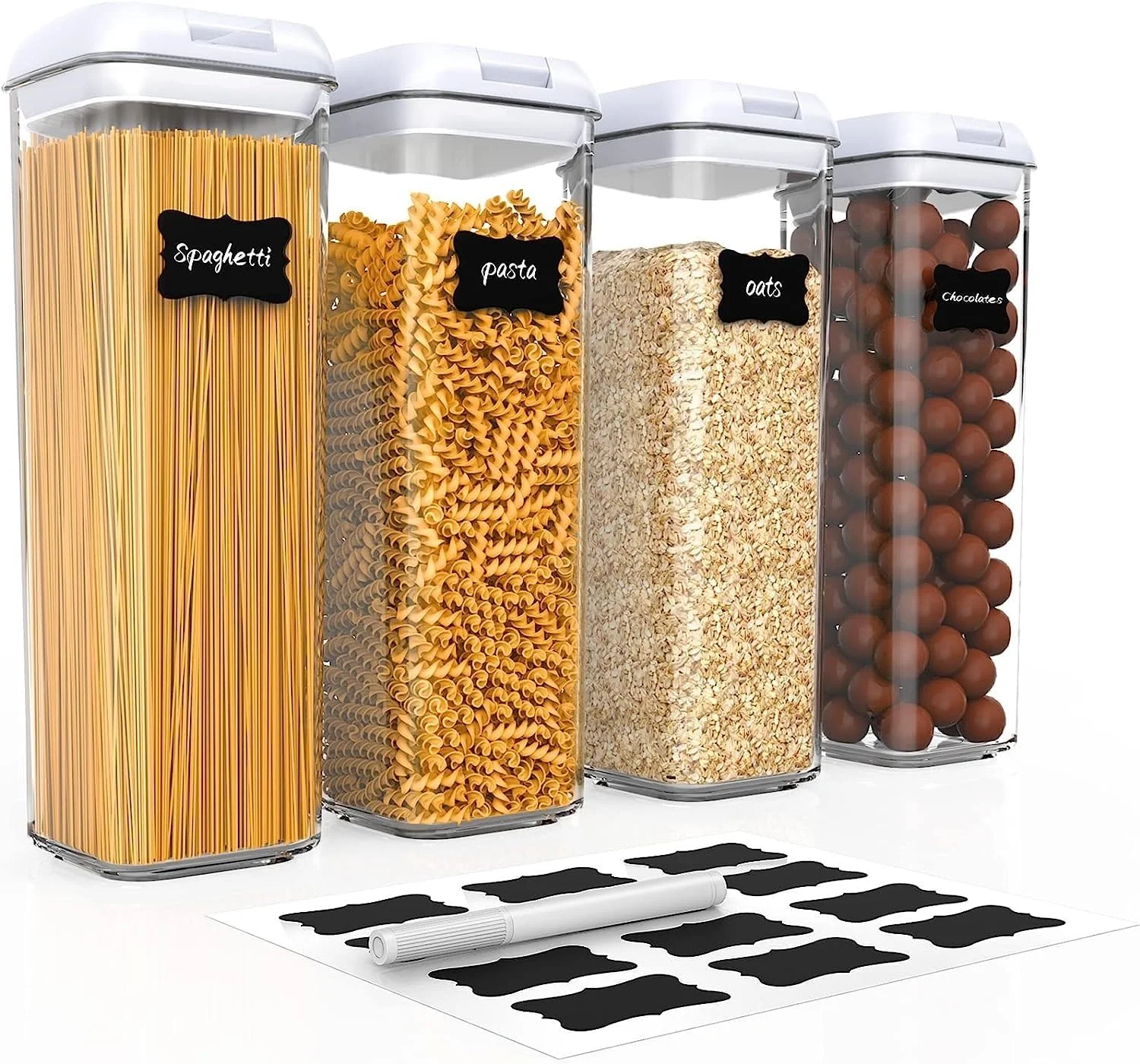 ظروف نگهداری پاستا THE WHITE SHOP، بسته 4 عددی، ظروف شفاف و درب دار برای سازماندهی آشپزخانه، سازماندهی و نگهداری مواد غذایی در کابینت، ایده آل برای اسپاگتی، پاستا و نودل، 1.9 لیتر