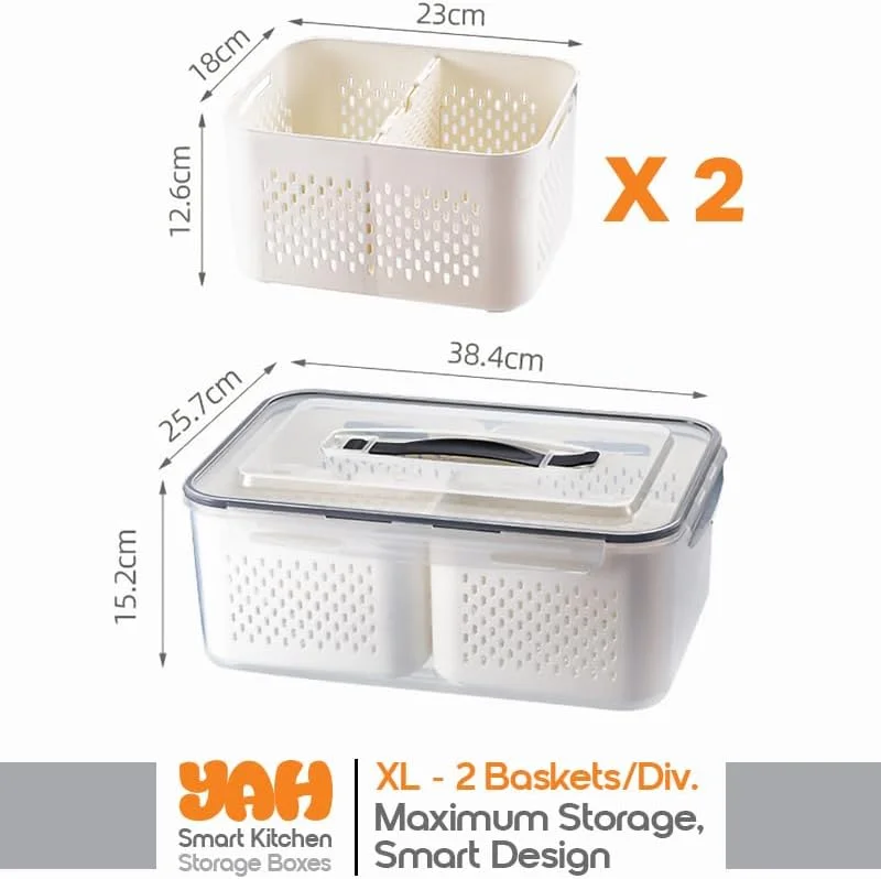 YAH XL Smart Kitchen Storage Boxes - Airtight, Microwave & Freezer Safe. Fridge & Pantry Organizers - Durable Containers - Draining Baskets & Dividers (XL - 2 Baskets & 2 Dividers)