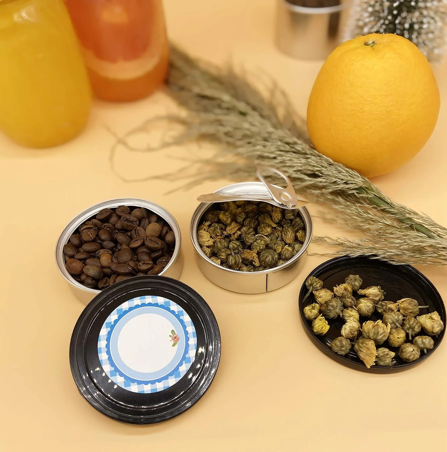 YEEPON 20sets Cali Self-seal Tin Can with Lid - Tuna Can Hoop Ring - NO TOOLS NEEDED + 32Pieces can Labels【100ml/3.5] (20sets) (3.5, 20)