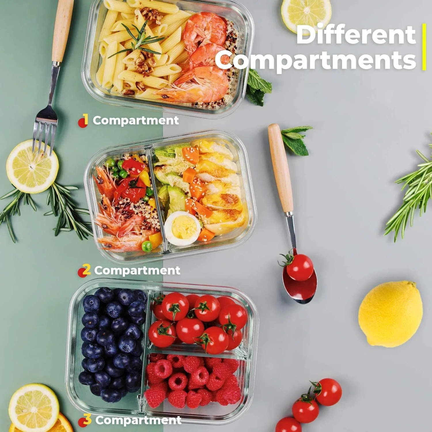 White Rivere™ Meal Prep Airtight Food Storage Glass Container Set with Lids - Stackable glass tupperware with compartments - Freezer, Microwave & Dishwasher Safe (1000ml each Container)