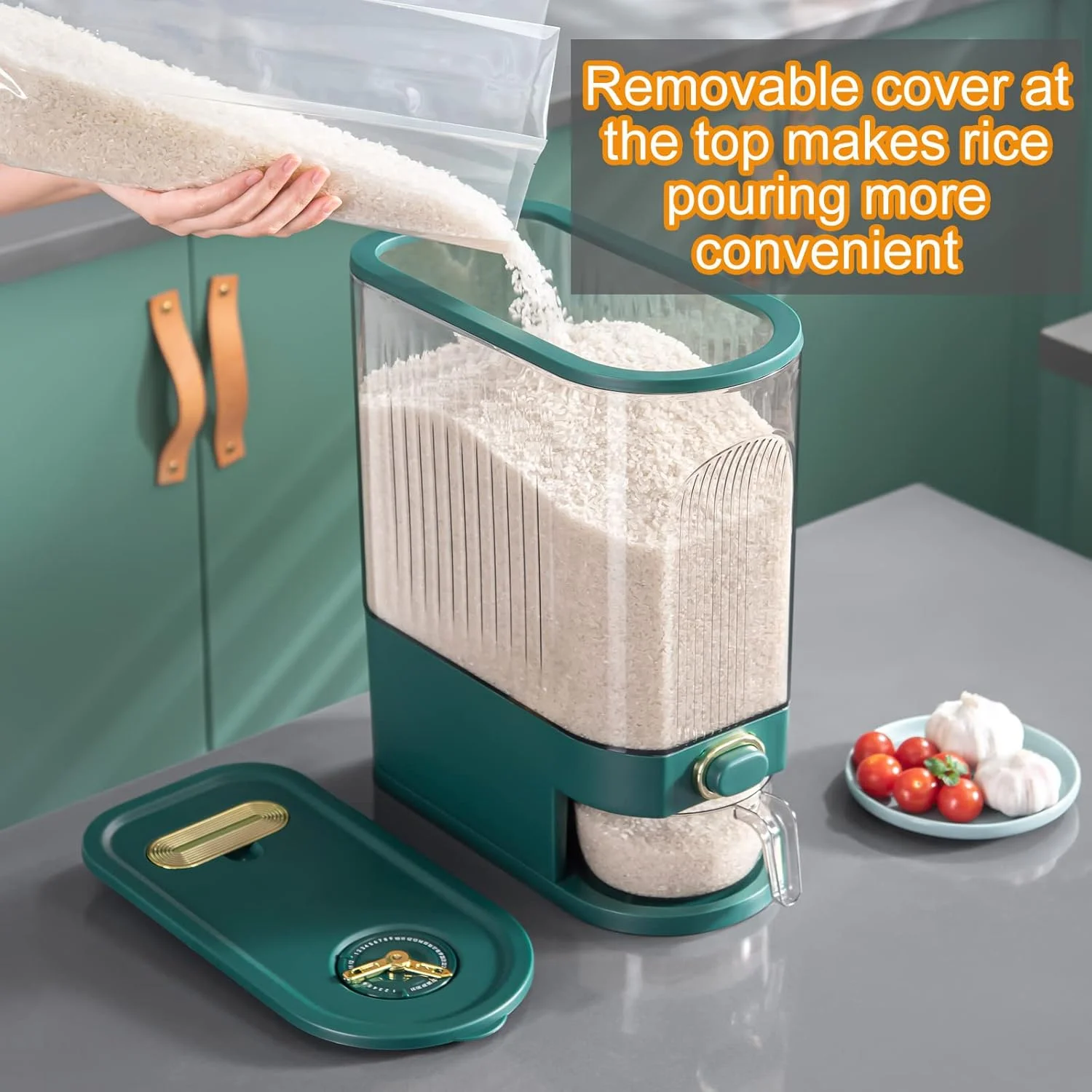 ظرف برنج 25 پوندی XIYAO، مخزن بزرگ و یکپارچه نگهداری غلات مهر و موم شده، ظرف برنج با پیمانه اندازه گیری، سازمان دهنده آشپزخانه توزیع کننده مواد غذایی برای برنج، لوبیا، غلات، غذای خشک کوچک