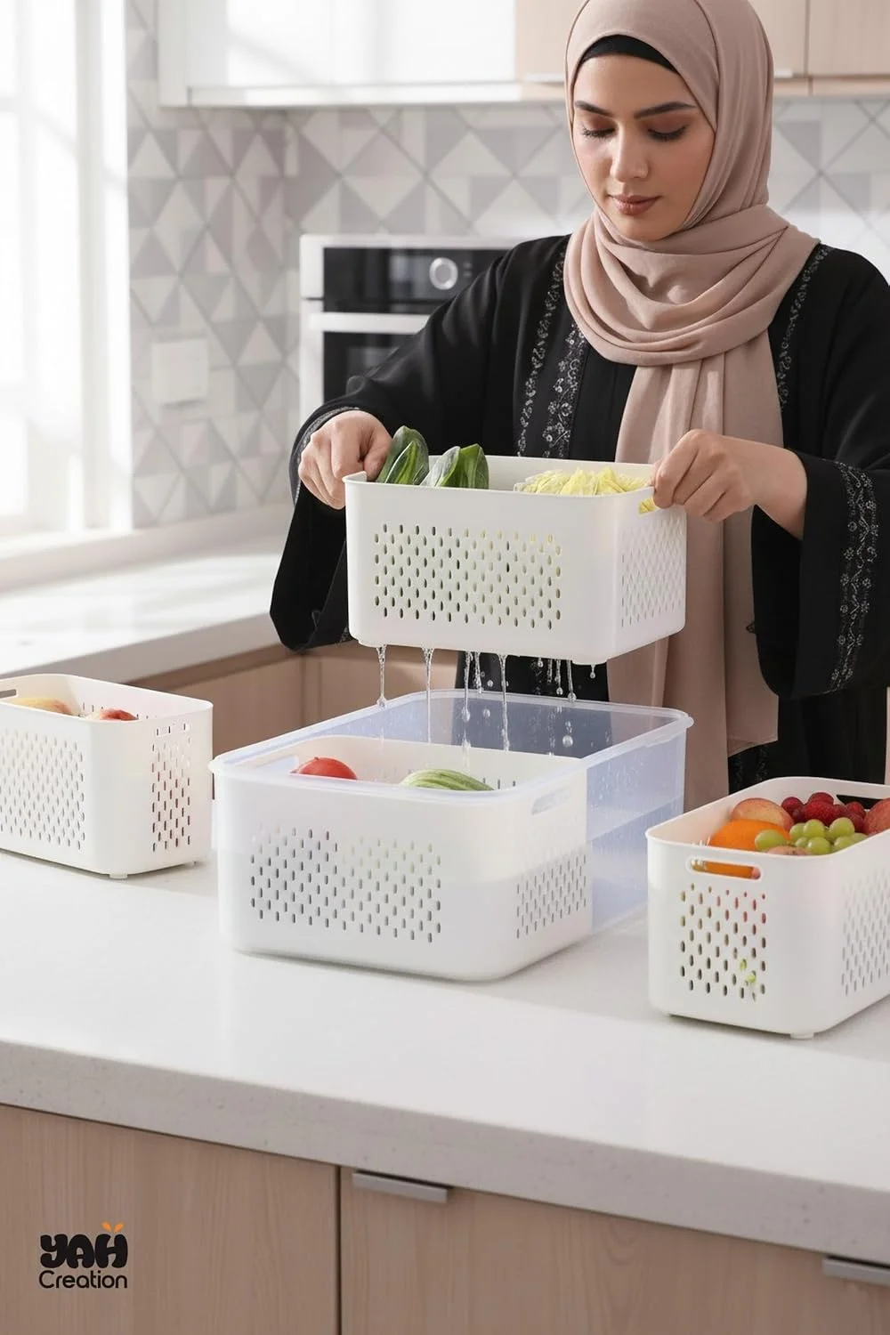 YAH XL Smart Kitchen Storage Boxes - Airtight, Microwave & Freezer Safe. Fridge & Pantry Organizers - Durable Containers - Draining Baskets & Dividers (XL - 2 Baskets & 2 Dividers)