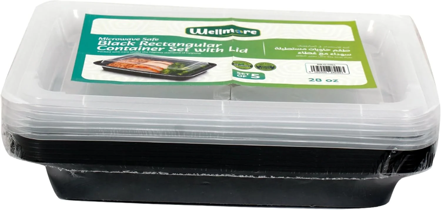 WellMore Microwave Containers with Lid, Food Storage Containers, Pack of 5 (Rectangle, Black) (28 OZ)