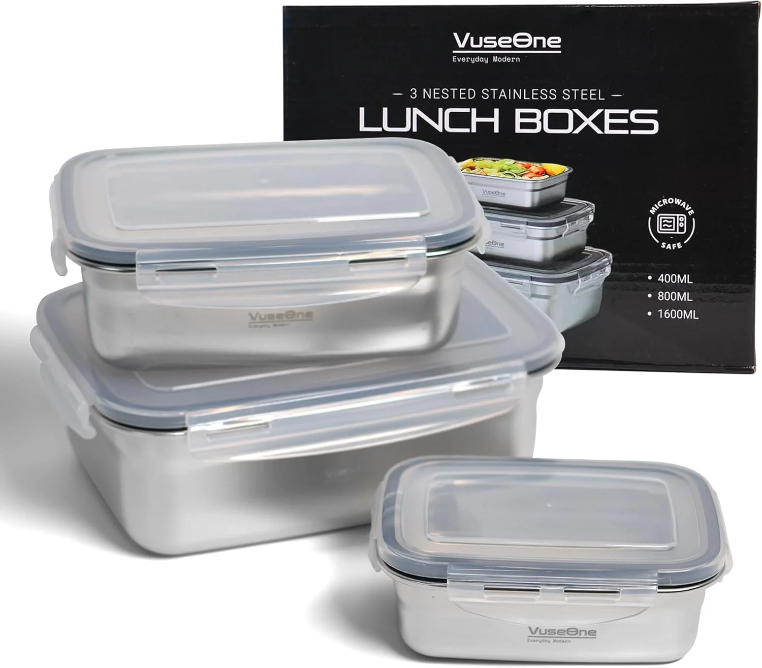 ست جعبه غذای استیل ضد زنگ VuseOne، 3 تکه – ضد نشت، بدون BPA، قابل استفاده در مایکروویو و ماشین ظرفشویی، ظروف غذای قابل استفاده مجدد برای بزرگسالان – جعبه آماده سازی غذای سازگار با محیط زیست برای کار، مسافرت و استفاده روزمره