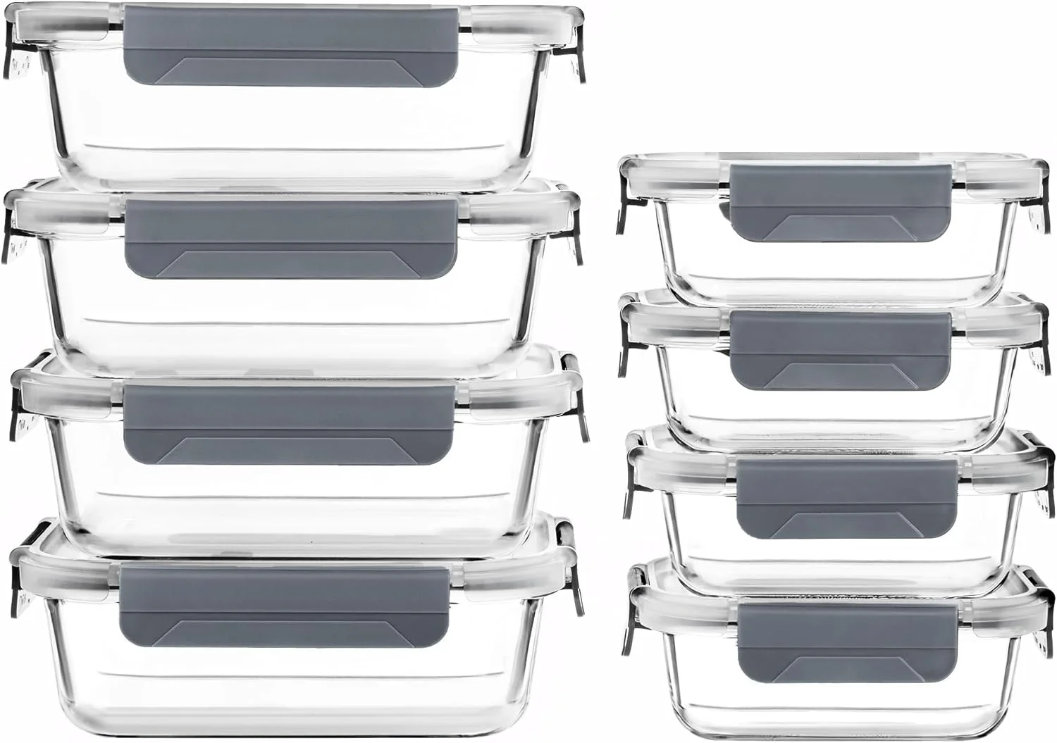 ظروف آماده سازی غذا شیشه ای Vtopmart، بسته 8 عددی با درب های چفتی (4 عدد * 1040 میلی لیتر + 4 عدد * 370 میلی لیتر)، ظروف نگهداری مواد غذایی آشپزخانه مناسب برای مایکروویو، فر، فریزر و ماشین ظرفشویی