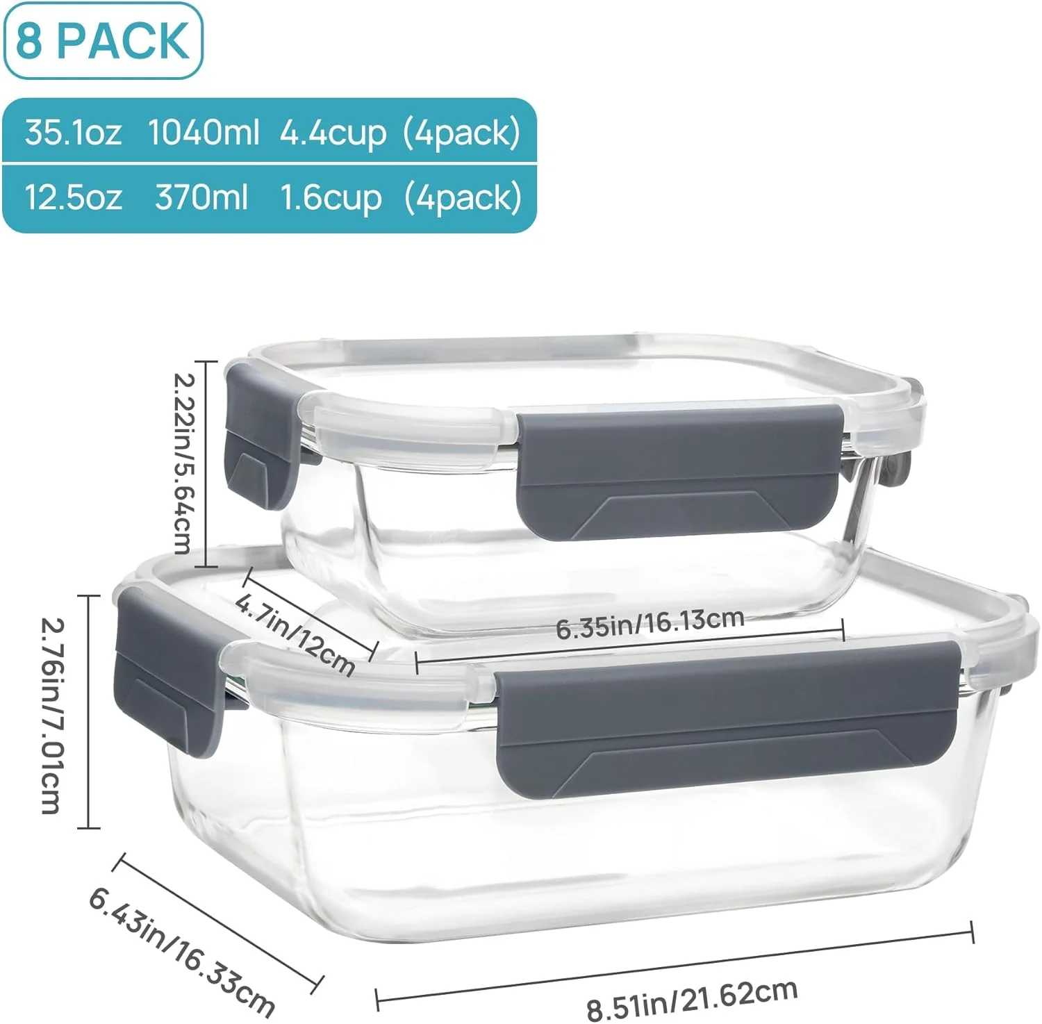 ظروف آماده سازی غذا شیشه ای Vtopmart، بسته 8 عددی با درب های چفتی (4 عدد * 1040 میلی لیتر + 4 عدد * 370 میلی لیتر)، ظروف نگهداری مواد غذایی آشپزخانه مناسب برای مایکروویو، فر، فریزر و ماشین ظرفشویی
