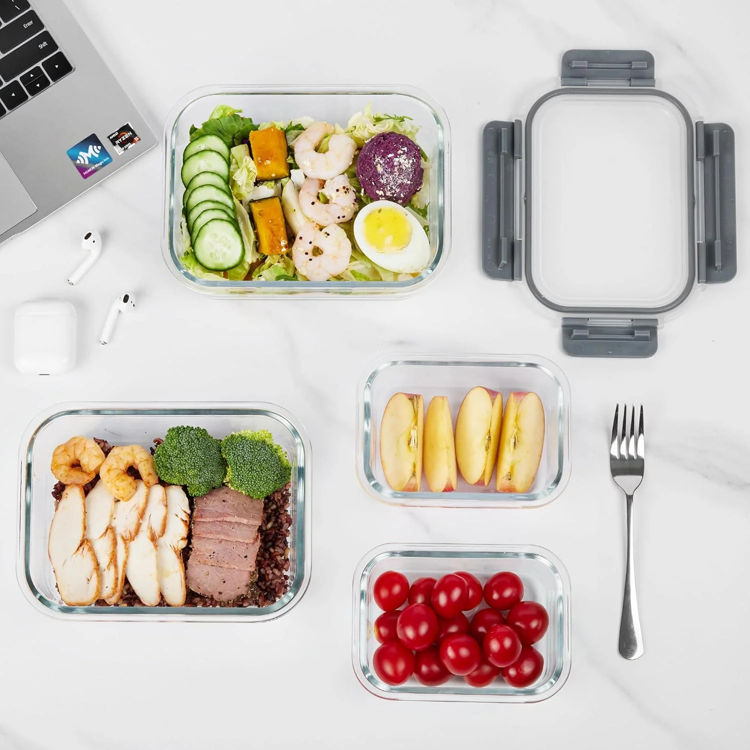 ظروف آماده سازی غذا شیشه ای Vtopmart، بسته 8 عددی با درب های چفتی (4 عدد * 1040 میلی لیتر + 4 عدد * 370 میلی لیتر)، ظروف نگهداری مواد غذایی آشپزخانه مناسب برای مایکروویو، فر، فریزر و ماشین ظرفشویی