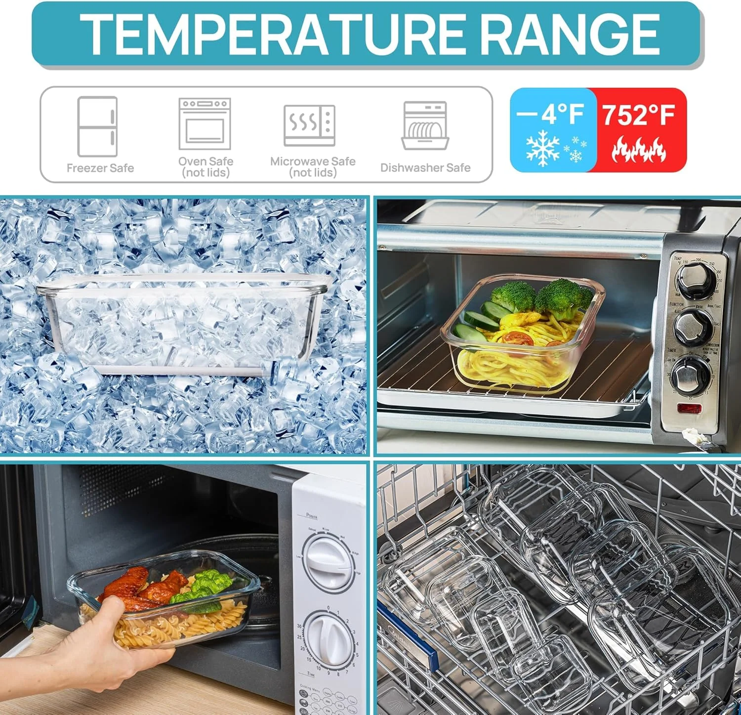 ظروف آماده سازی غذا شیشه ای Vtopmart، بسته 8 عددی با درب های چفتی (4 عدد * 1040 میلی لیتر + 4 عدد * 370 میلی لیتر)، ظروف نگهداری مواد غذایی آشپزخانه مناسب برای مایکروویو، فر، فریزر و ماشین ظرفشویی