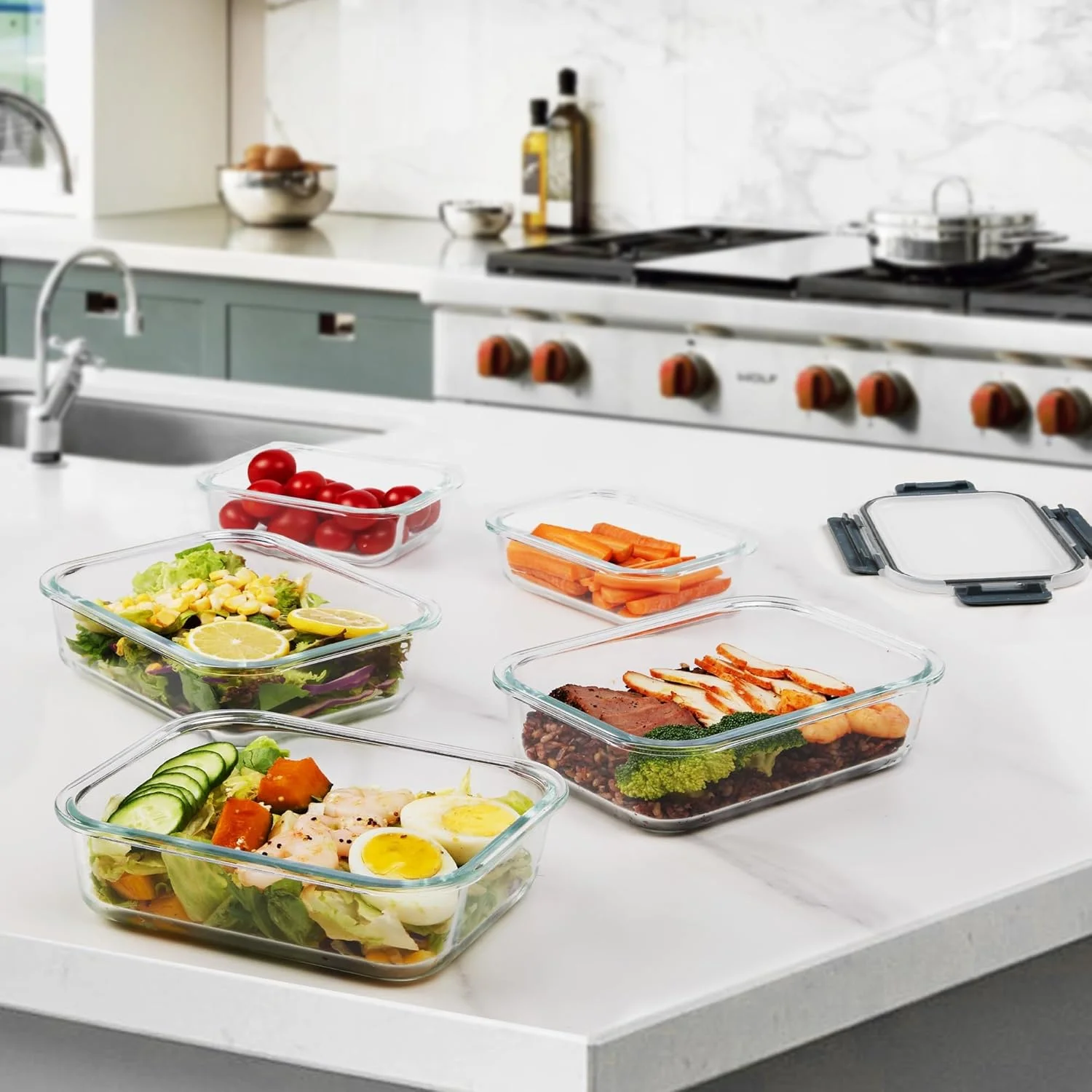 ظروف آماده سازی غذا شیشه ای Vtopmart، بسته 8 عددی با درب های چفتی (4 عدد * 1040 میلی لیتر + 4 عدد * 370 میلی لیتر)، ظروف نگهداری مواد غذایی آشپزخانه مناسب برای مایکروویو، فر، فریزر و ماشین ظرفشویی