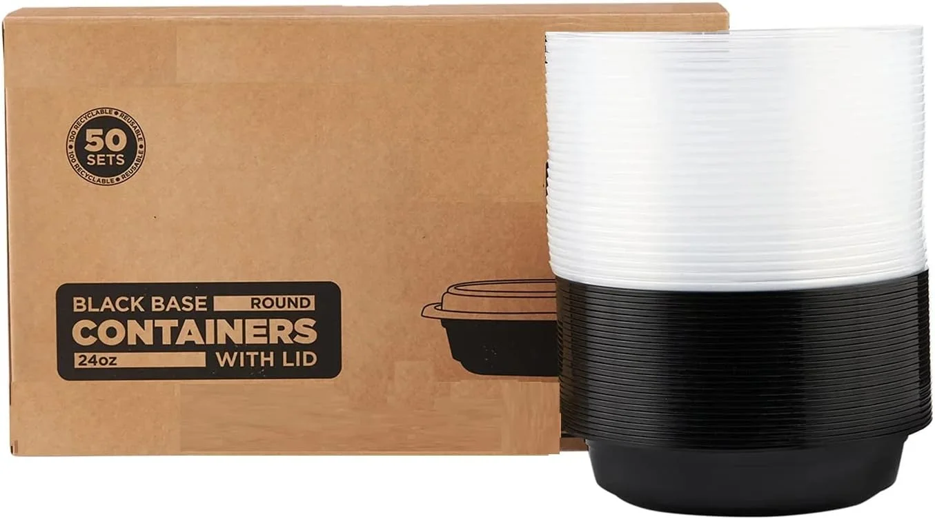 ظروف یکبار مصرف گرد 700 میلی لیتری Vsell24™، مناسب مایکروویو، همراه با درب، 50 عددی، مشکی، بدون BPA، مناسب برای بیرون بر، کاسه های غذا و ظرف سالاد