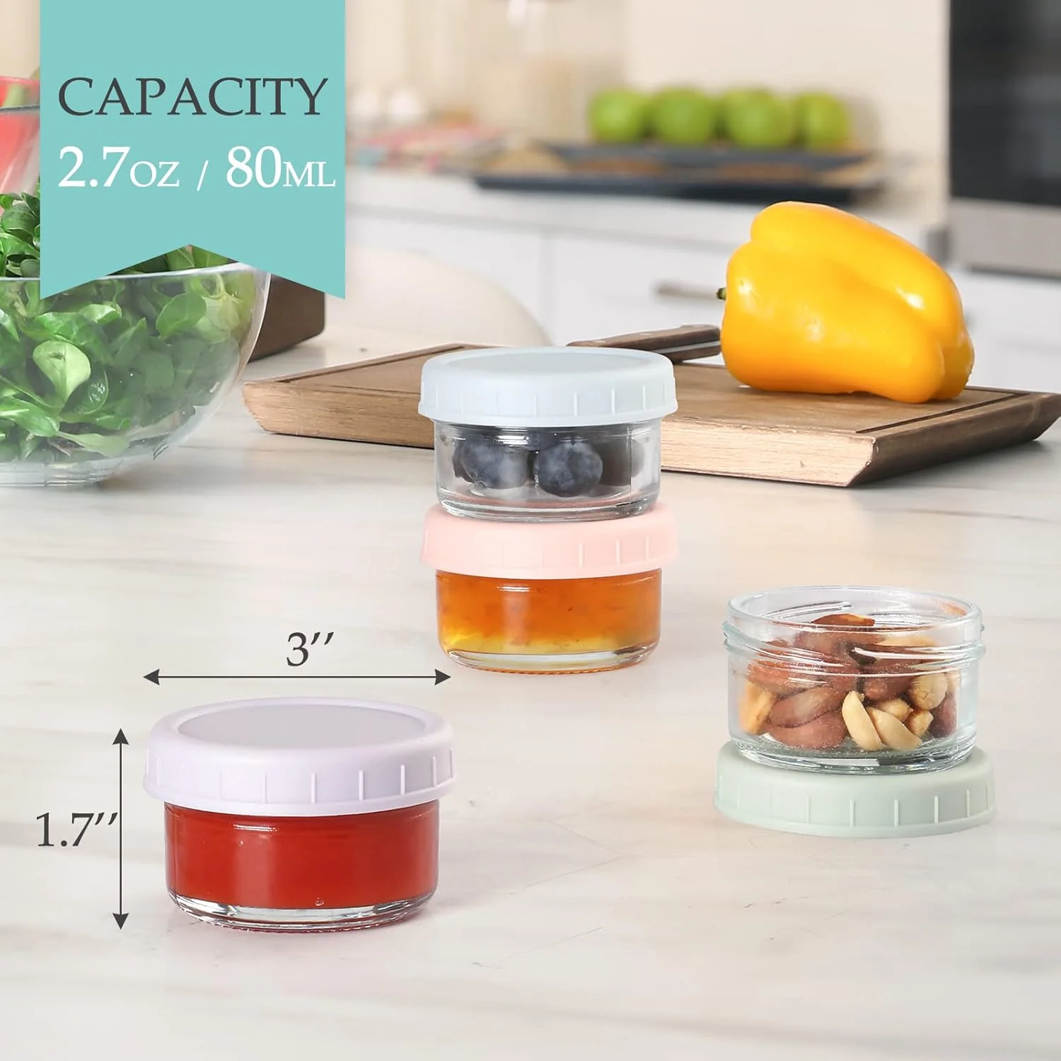 ویتیور [بسته 6 عددی] ظرف سس سالاد بیرون بر، شیشه ای کوچک 80 میلی لیتری با درب، ست فنجان سس، ضد نشت و قابل استفاده مجدد برای جعبه ناهار و سفر کاری.