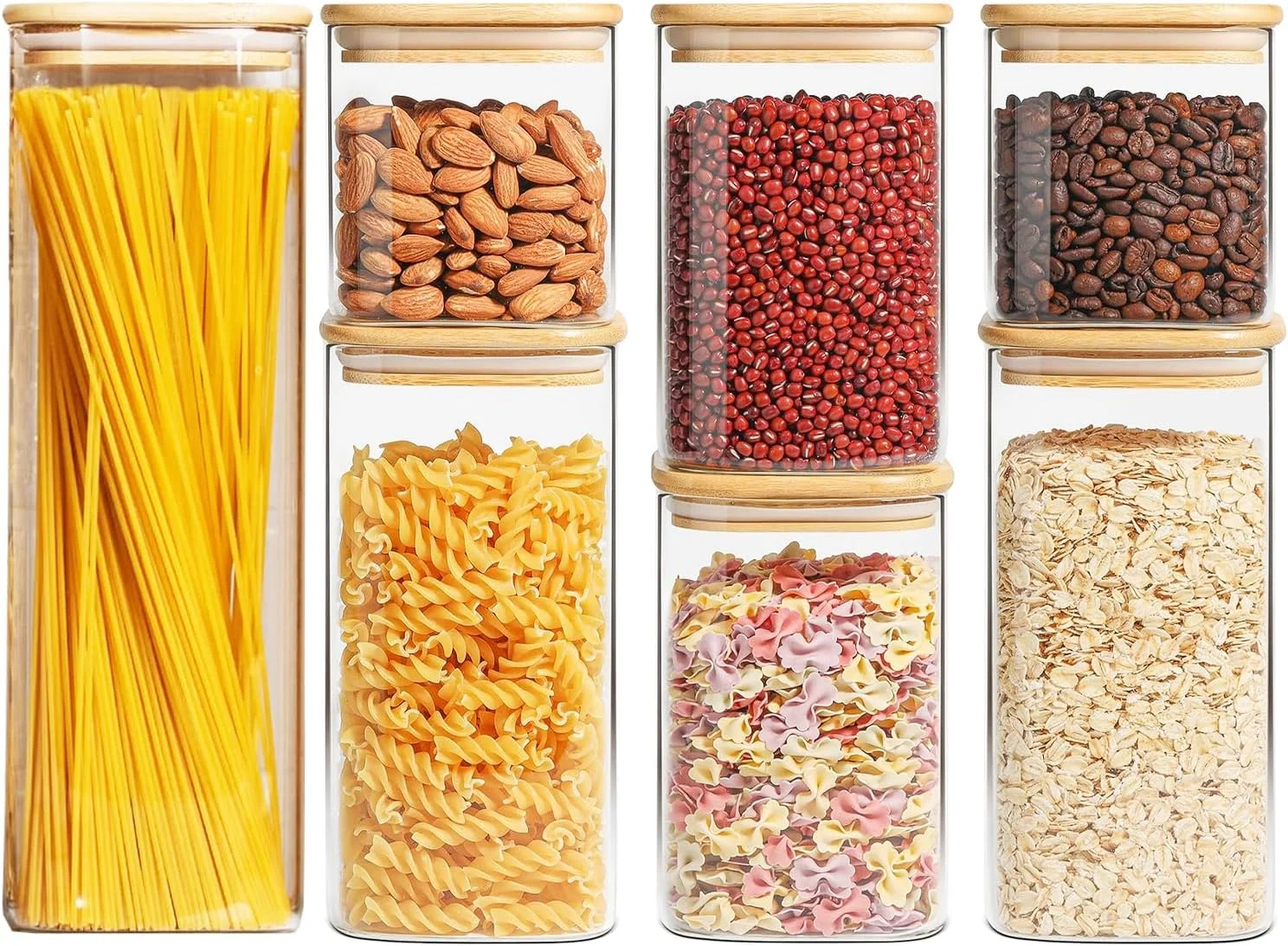 ست ظروف نگهداری مواد غذایی ۷ تکه VAODO، ظروف پلاستیکی سازمان دهنده آشپزخانه و کابینت با درب بامبو، فاقد BPA، مناسب برای آرد، غلات، آبنبات، قهوه، چای، کلوچه، شکر و آجیل