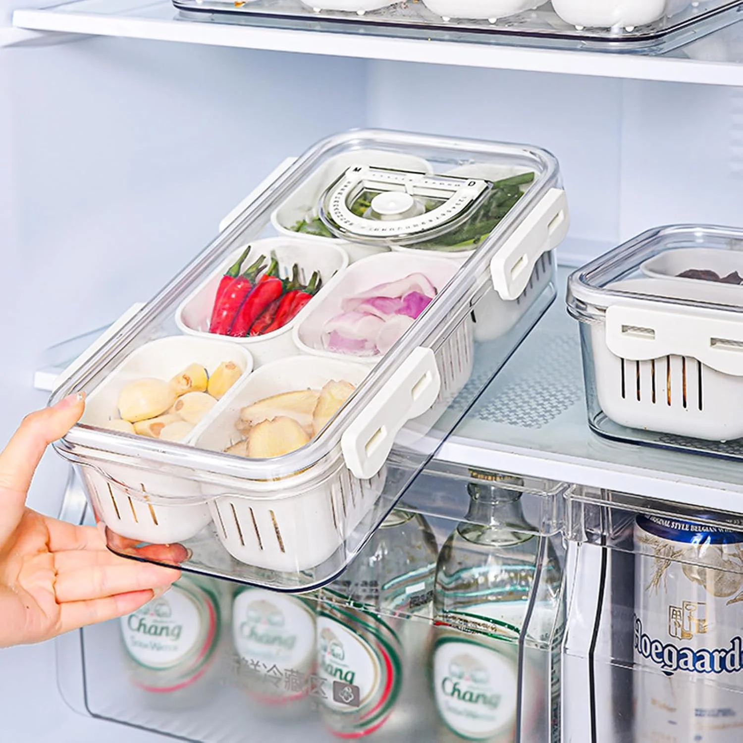 ظرف نگهداری مواد غذایی یخچال VAODO، سینی سرو تقسیم شده با درب و جداشدنی، ظرف نگهداری میوه قابل حمل با 6 شبکه زهکشی، با نمایشگر تاریخ، برای زنجبیل، سیر، پیاز