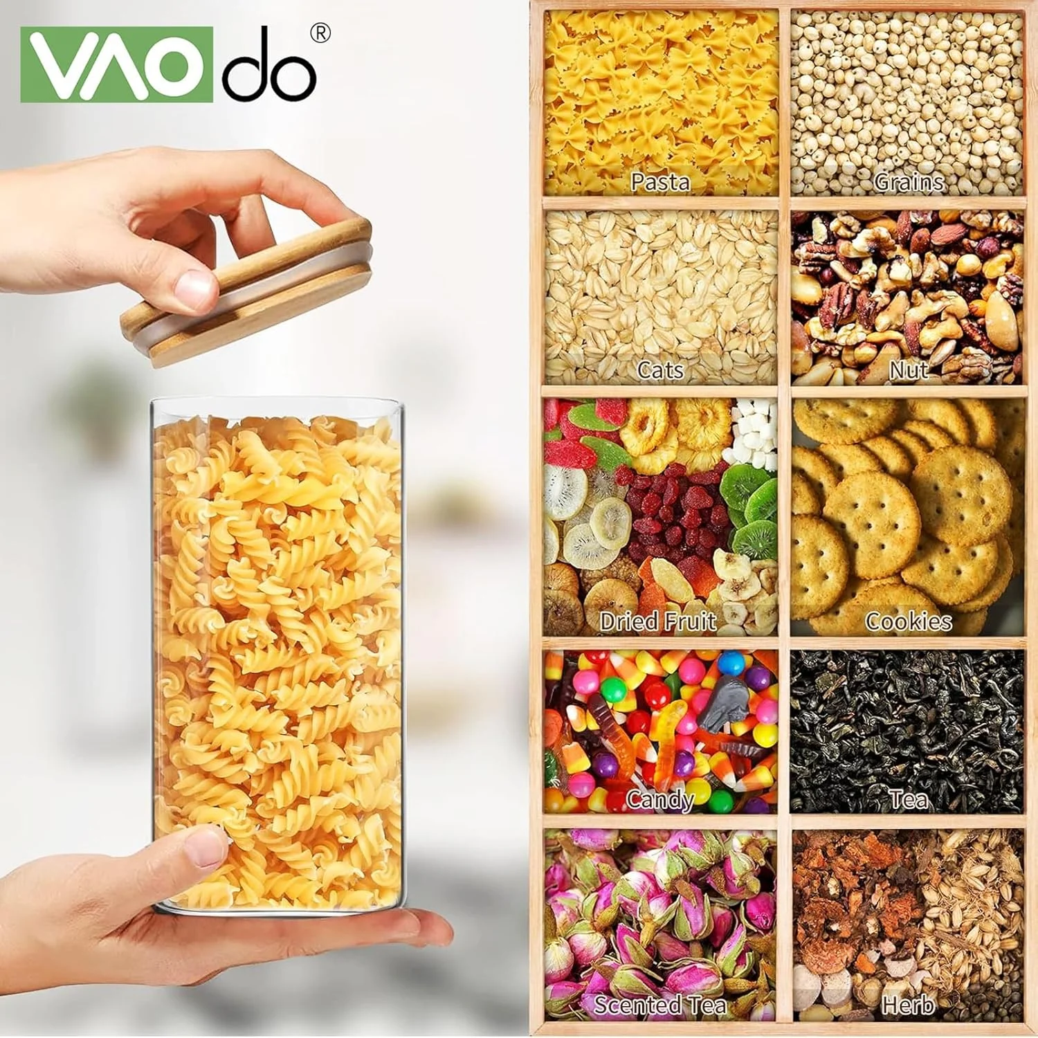 ست ظروف نگهداری مواد غذایی ۷ تکه VAODO، ظروف پلاستیکی سازمان دهنده آشپزخانه و کابینت با درب بامبو، فاقد BPA، مناسب برای آرد، غلات، آبنبات، قهوه، چای، کلوچه، شکر و آجیل
