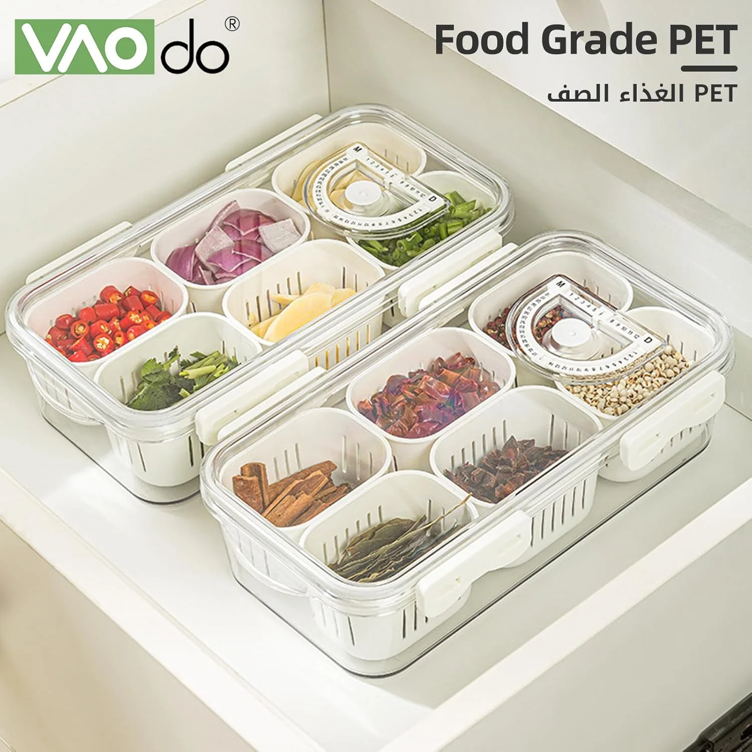 ظرف نگهداری مواد غذایی یخچال VAODO، سینی سرو تقسیم شده با درب و جداشدنی، ظرف نگهداری میوه قابل حمل با 6 شبکه زهکشی، با نمایشگر تاریخ، برای زنجبیل، سیر، پیاز