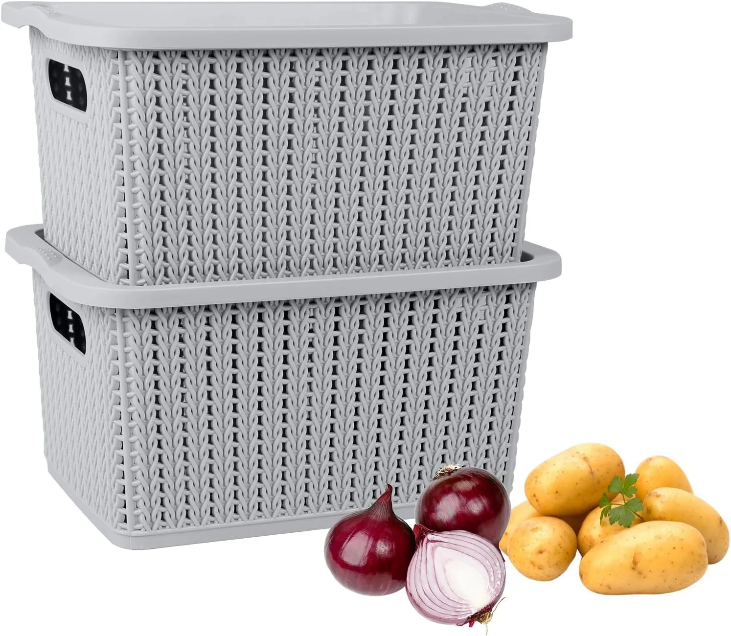 ست ۲ عددی ظروف نگهداری سبزیجات، ست نگهداری سیب زمینی، پیاز و سیر، ظروف آشپزخانه، ظروف نگهداری سبزیجات با سوراخ های تهویه و درب، جعبه حلبی نگهداری سبزیجات با دسته