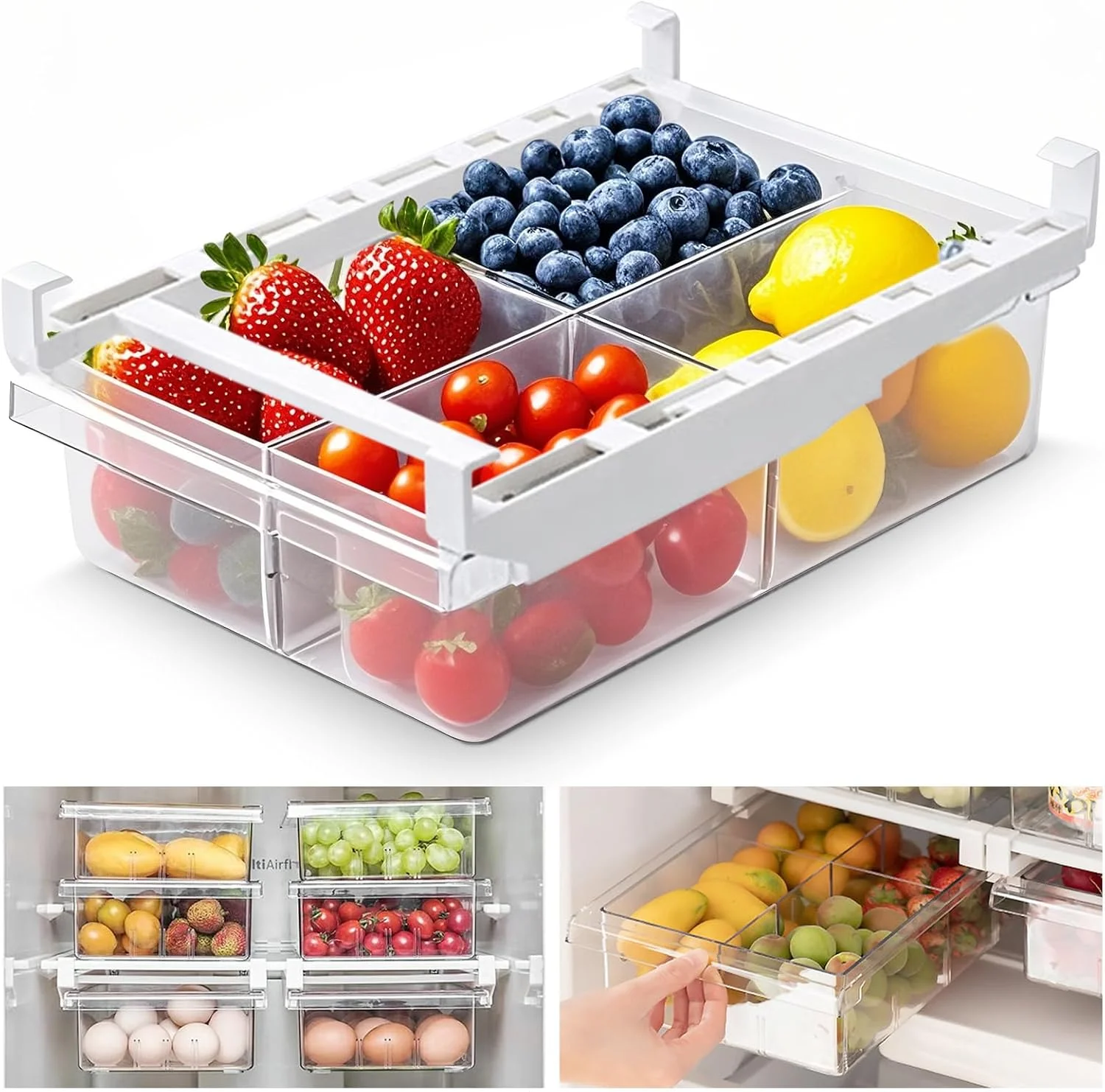 محفظه کشویی یخچال URbazaar با قابلیت تنظیم اندازه، جعبه نگهداری کشویی یخچال، سطل های کشویی سازمان دهنده یخچال، مناسب برای قفسه زیر یخچال (4 شبکه)