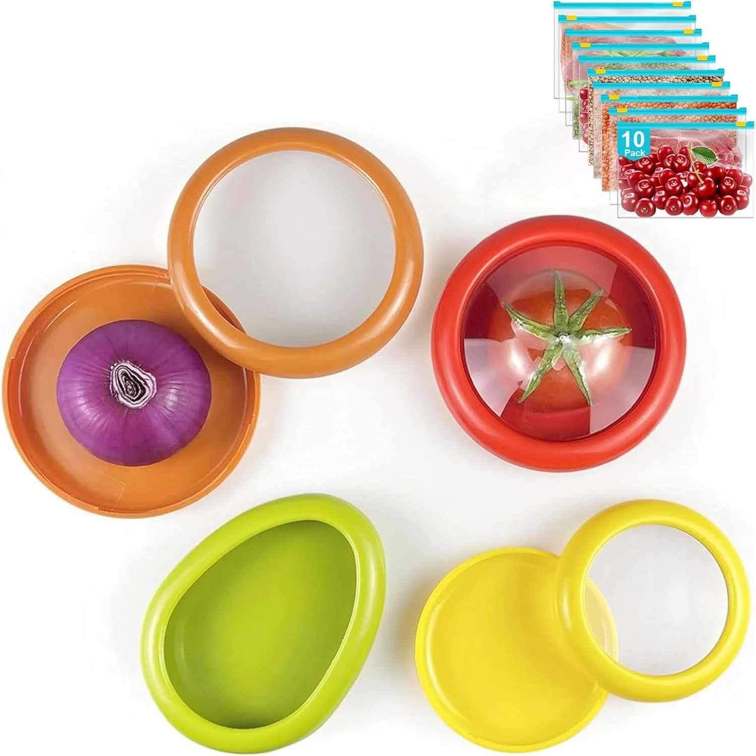 محافظ سیلیکونی میوه VEANXIN، جعبه نگهداری ضد اکسیداسیون میوه و سبزیجات، ظروف نگهداری سیلیکونی میوه برای یخچال، بدون BPA و قابل استفاده مجدد، محافظ مواد غذایی برای آووکادو، گوجه فرنگی، پیاز (4 عدد + 10 عدد)