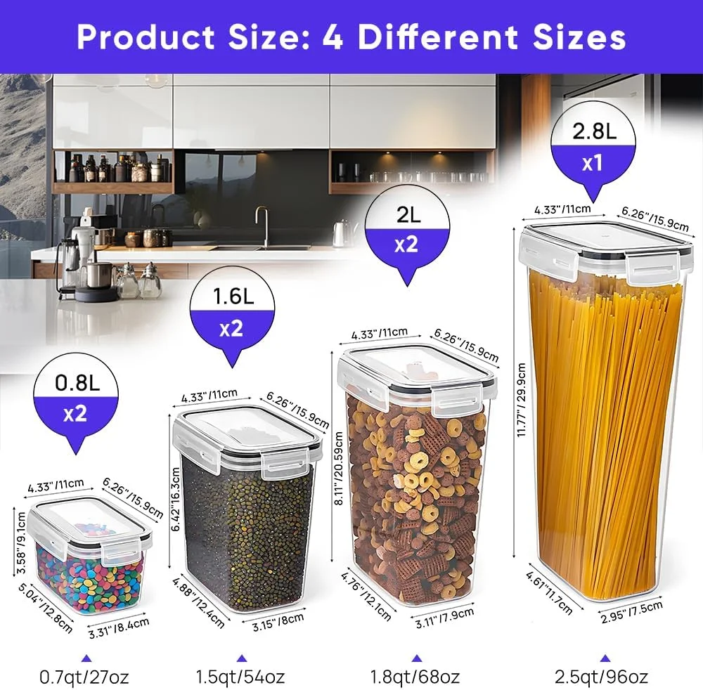 ست ظروف نگهداری مواد غذایی درب دار Uoexziyi، 7 تکه ظروف آشپزخانه و پنتری با درب های قفل دار، مخازن بدون BPA با برچسب و ماژیک برای آرد، غلات، اسپاگتی و شکر (شفاف)