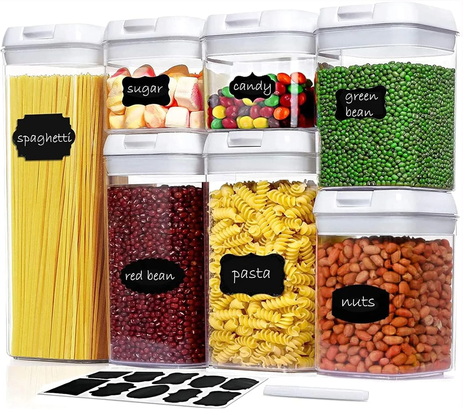ست ظروف نگهداری مواد غذایی U-HOOME - ست 7 تکه - شامل برچسب و ماژیک - ظروف سازماندهی آشپزخانه و انبار - بدون BPA - ظروف پلاستیکی شفاف برای آرد و غلات با درب های بهبود یافته (سفید)