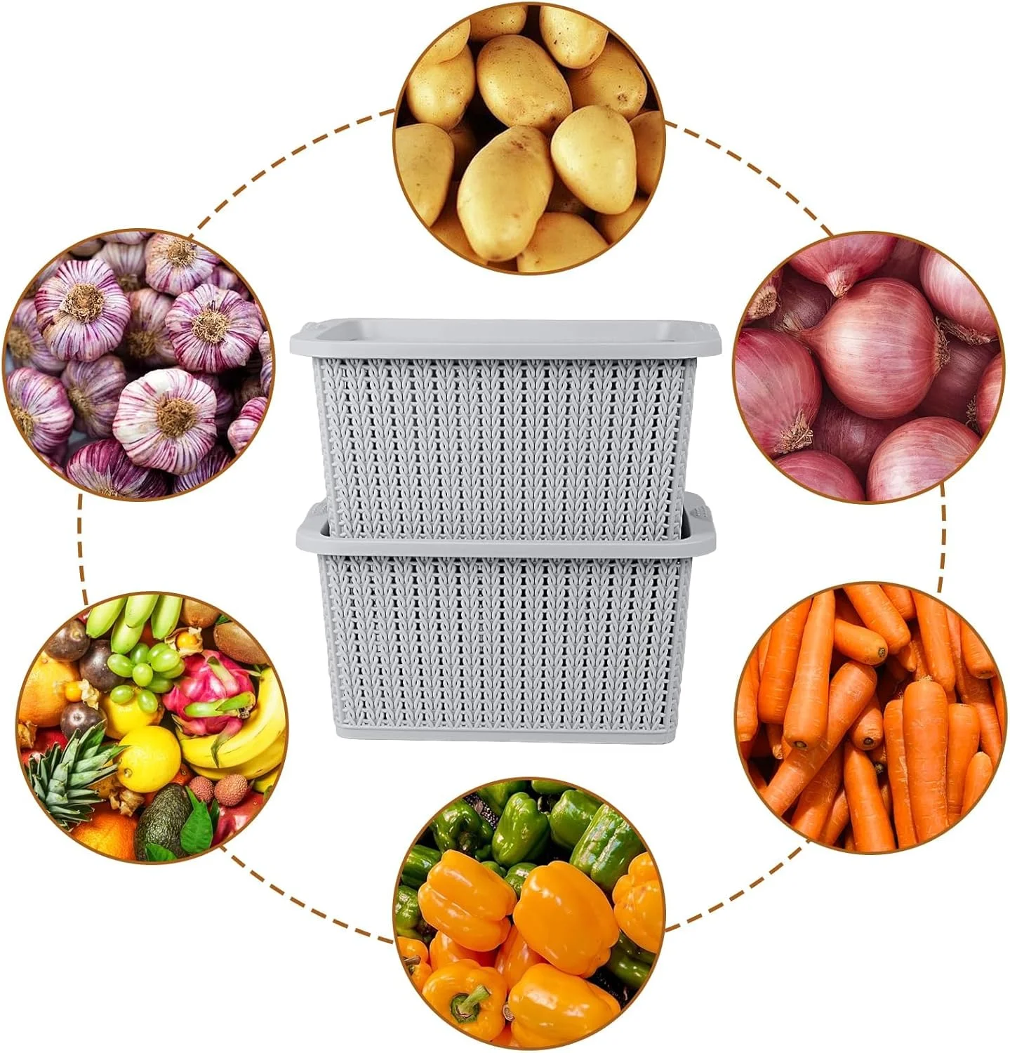 ست ۲ عددی ظروف نگهداری سبزیجات، ست نگهداری سیب زمینی، پیاز و سیر، ظروف آشپزخانه، ظروف نگهداری سبزیجات با سوراخ های تهویه و درب، جعبه حلبی نگهداری سبزیجات با دسته
