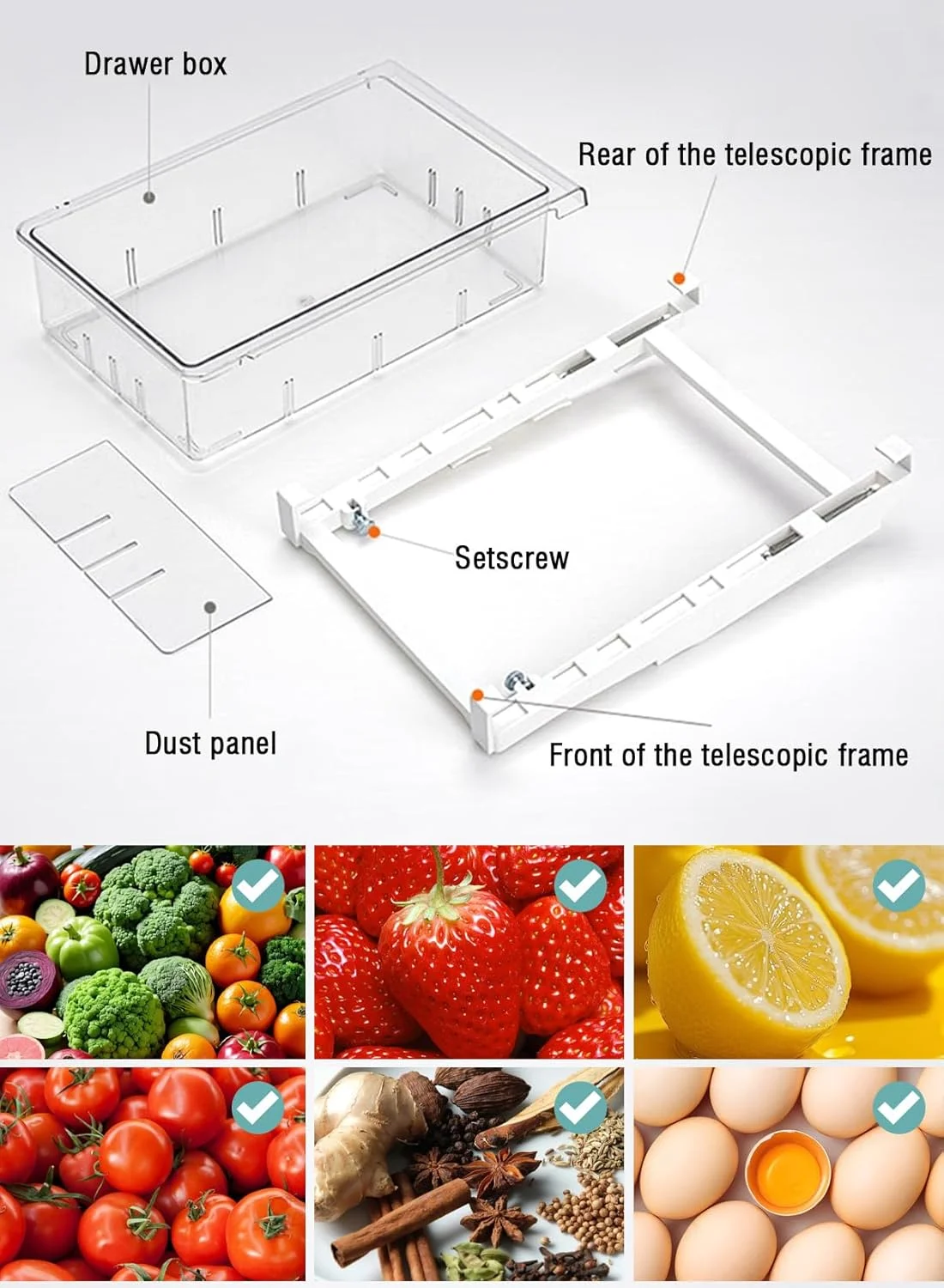 محفظه کشویی یخچال URbazaar با قابلیت تنظیم اندازه، جعبه نگهداری کشویی یخچال، سطل های کشویی سازمان دهنده یخچال، مناسب برای قفسه زیر یخچال (4 شبکه)