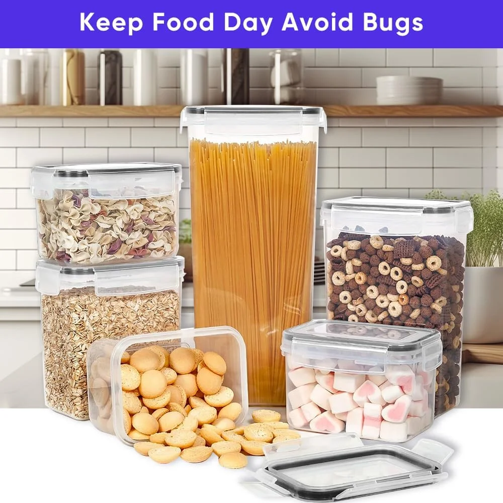ست ظروف نگهداری مواد غذایی درب دار Uoexziyi، 7 تکه ظروف آشپزخانه و پنتری با درب های قفل دار، مخازن بدون BPA با برچسب و ماژیک برای آرد، غلات، اسپاگتی و شکر (شفاف)