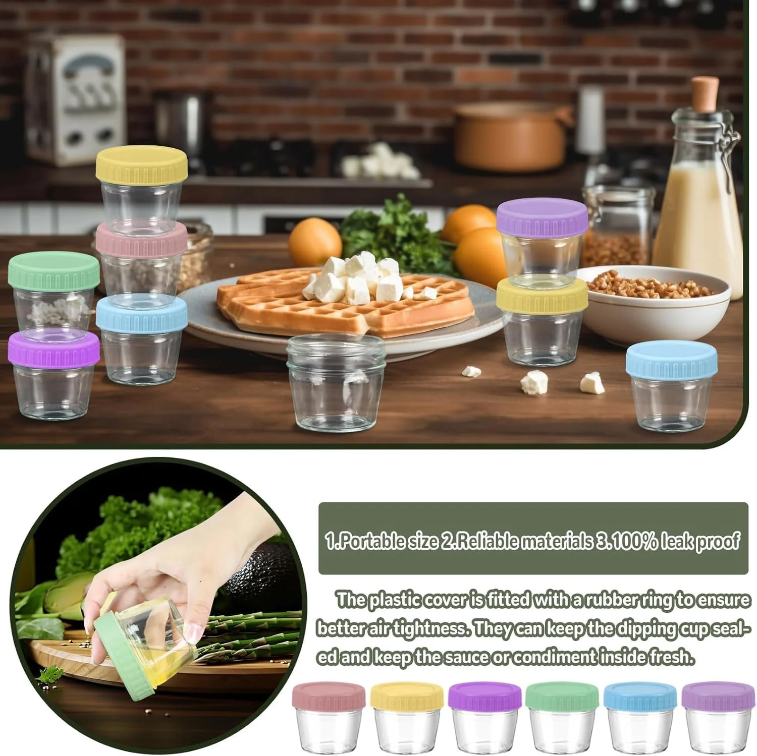 U-HOOME 6Pack Salad Dressing Container To Go,4.2oz Glass Small Condiment Containers with Lids,Dipping Sauce Cups Set for Food Lunch Box Work Trip,Sealed Salad Jars with Lids Meal Prep (6pcs-4.2oz)