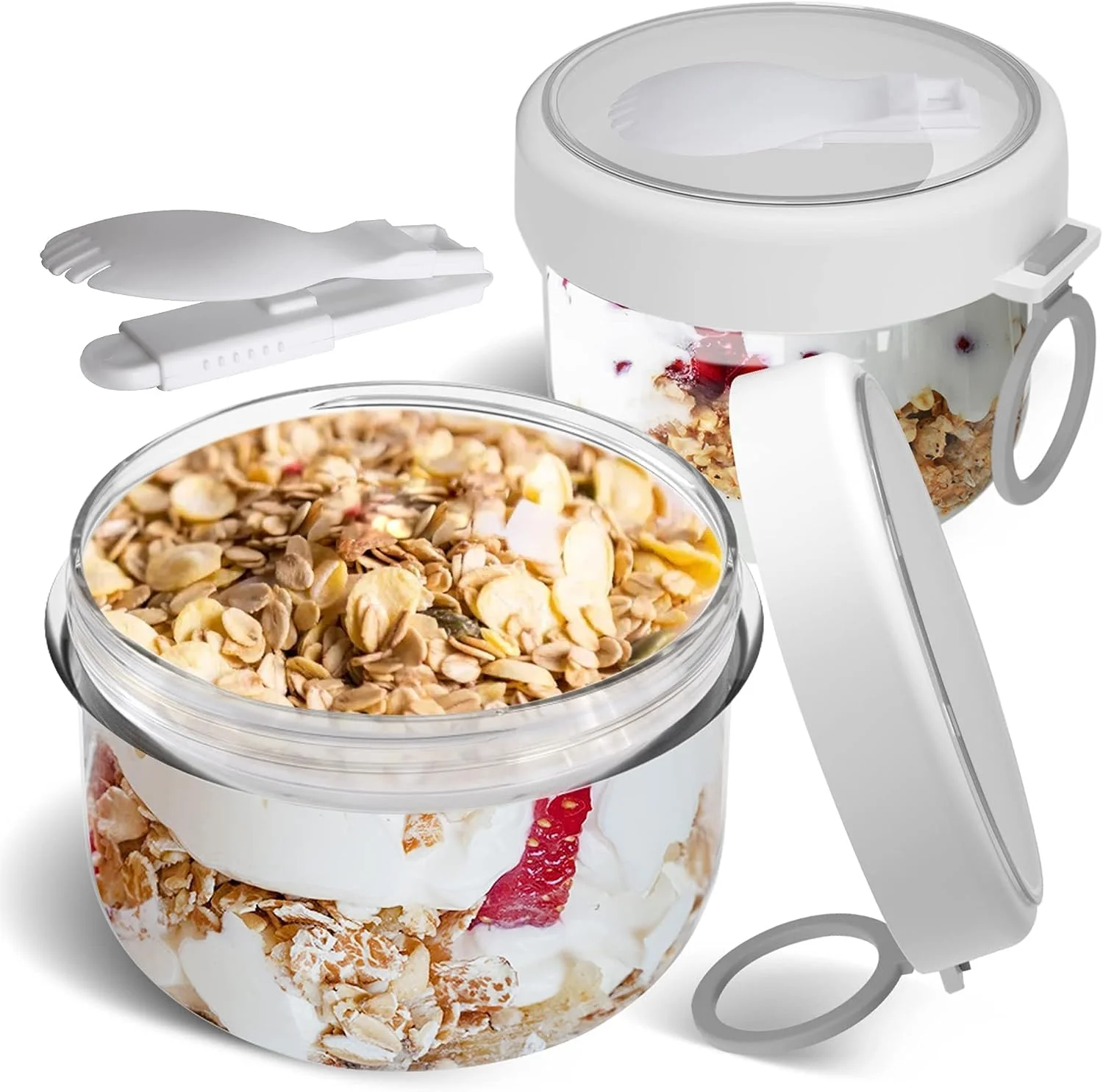 ظروف جو دوسر یک شبه U-HOOME با قاشق، شیشه های ماست قابل حمل 590 میلی لیتری، ظرف جو دوسر ضد نشت برای بیرون بردن، ظروف آماده سازی میان وعده فنجان دسر برای نگهداری شیر، میوه، غلات و سالاد (سفید - 2 عدد)