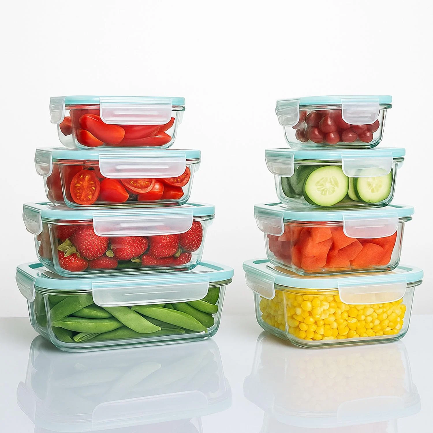 ظروف آماده سازی غذا تایکام (8 تکه مخلوط) - ظروف شیشه ای نگهداری غذا با درب، جعبه ناهار شیشه ای کنترل مقدار غذا، جعبه بنتو شیشه ای درب دار - 8 تکه سبز