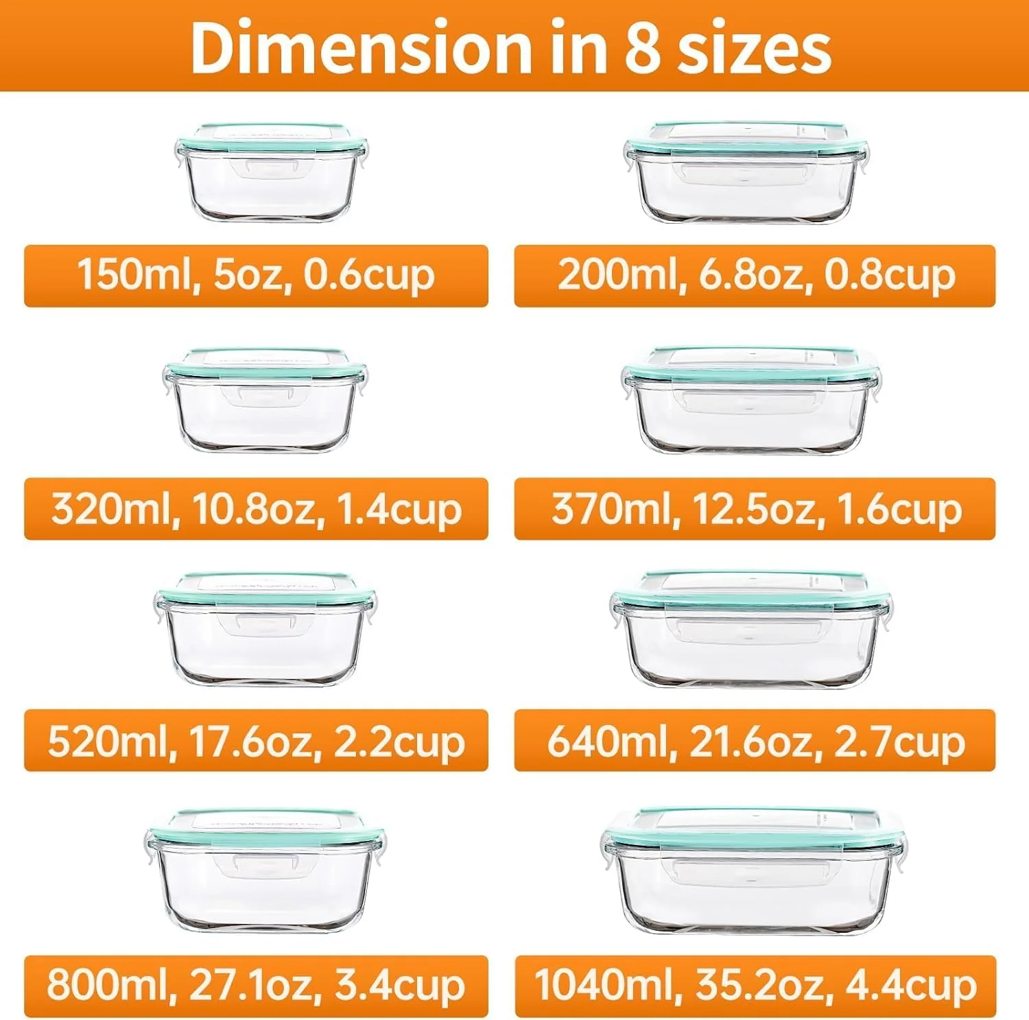 ظروف آماده سازی غذا تایکام (8 تکه مخلوط) - ظروف شیشه ای نگهداری غذا با درب، جعبه ناهار شیشه ای کنترل مقدار غذا، جعبه بنتو شیشه ای درب دار - 8 تکه سبز