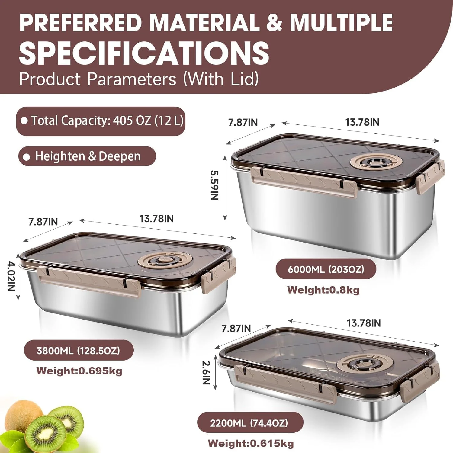 ظروف کیمچی TERRIFI، ظروف بزرگ نگهداری مواد غذایی درب دار، ست نگهداری مواد غذایی آشپزخانه، کاسه های استیل ضد زنگ قابل استفاده مجدد برای خانه، مسافرت، کار، مهمانی، باقیمانده غذا (203OZ+128OZ+74OZ)