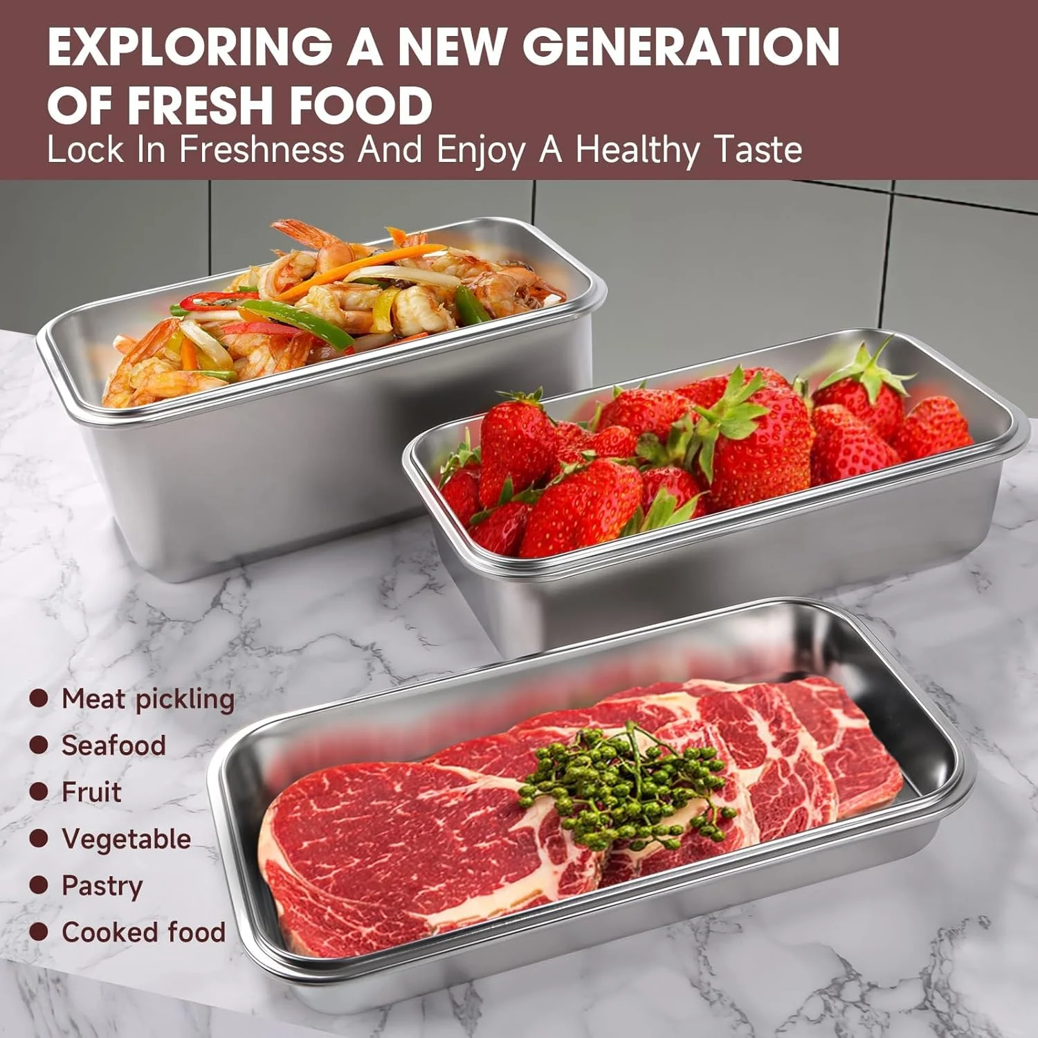 ظروف کیمچی TERRIFI، ظروف بزرگ نگهداری مواد غذایی درب دار، ست نگهداری مواد غذایی آشپزخانه، کاسه های استیل ضد زنگ قابل استفاده مجدد برای خانه، مسافرت، کار، مهمانی، باقیمانده غذا (203OZ+128OZ+74OZ)