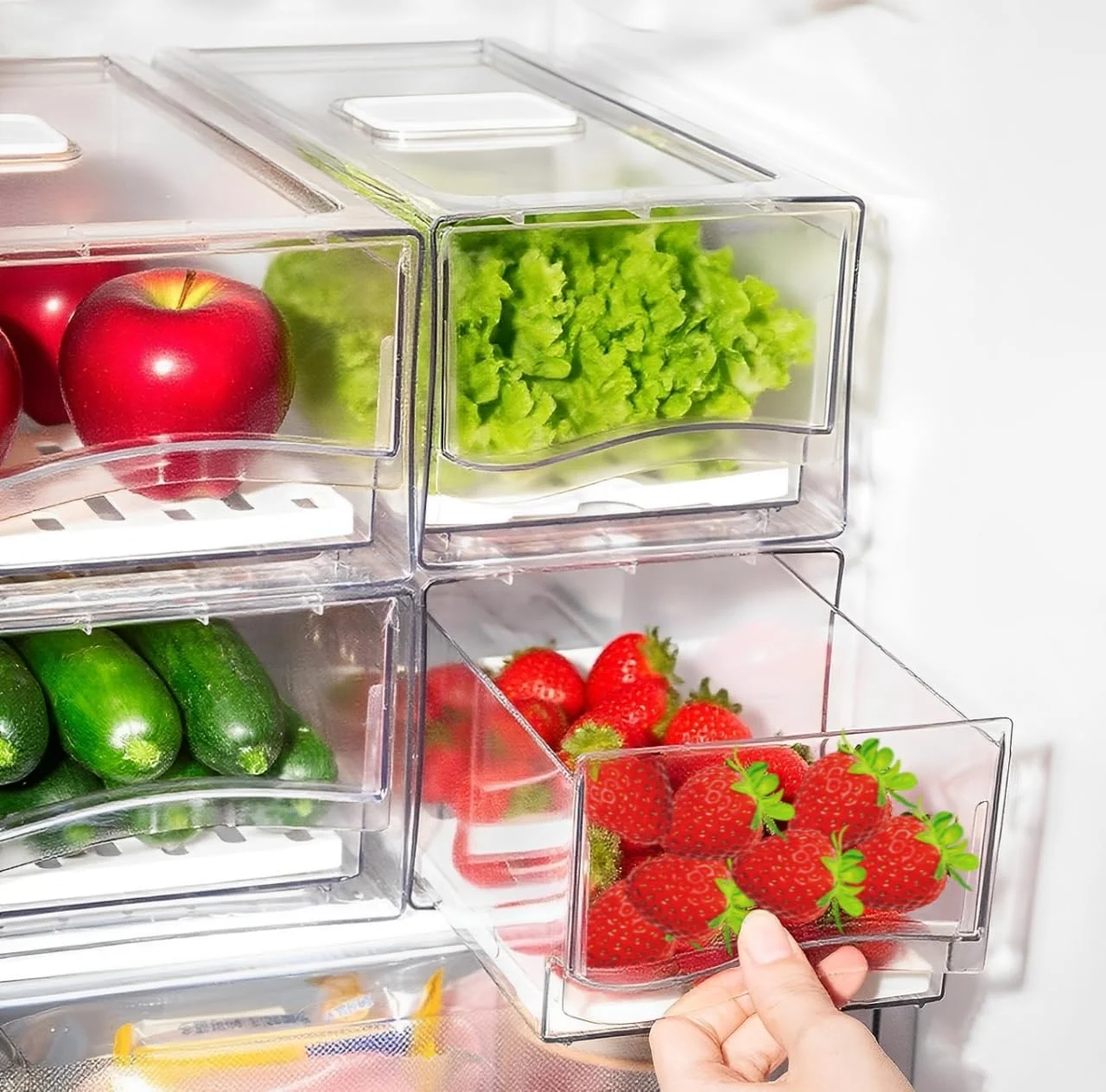 ارگانایزر یخچال شفاف سیامیت، بسته 2 عددی، قابل چیدن با درب، کشو و سینی تخلیه، جعبه نگهداری مواد غذایی بزرگ برای نگهداری میوه و سبزیجات - سایز کوچک