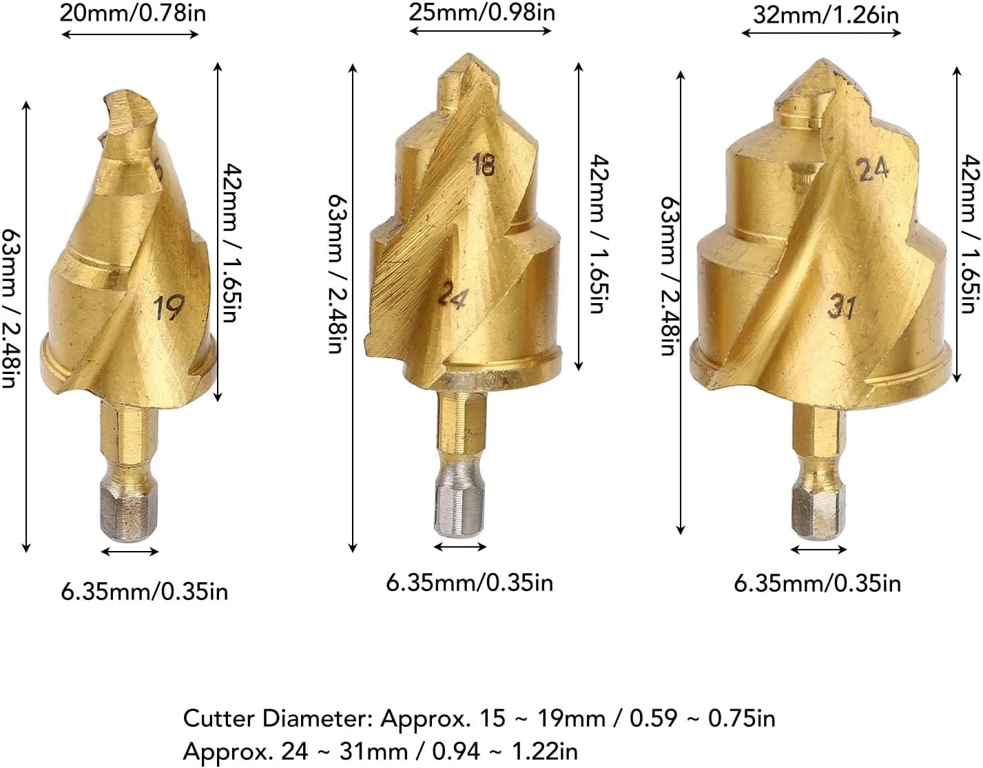 مجموعه مته های بالابر PPR جکتسی 15-19 میلی متر، 18x24 میلی متر و 24-31 میلی متر، فولاد کربنی با پوشش Ti، ساق هگز 1/4 اینچی. دقیق، حذف تراشه مارپیچی، برای لوله های PPR، PVC، MPP و غیره.