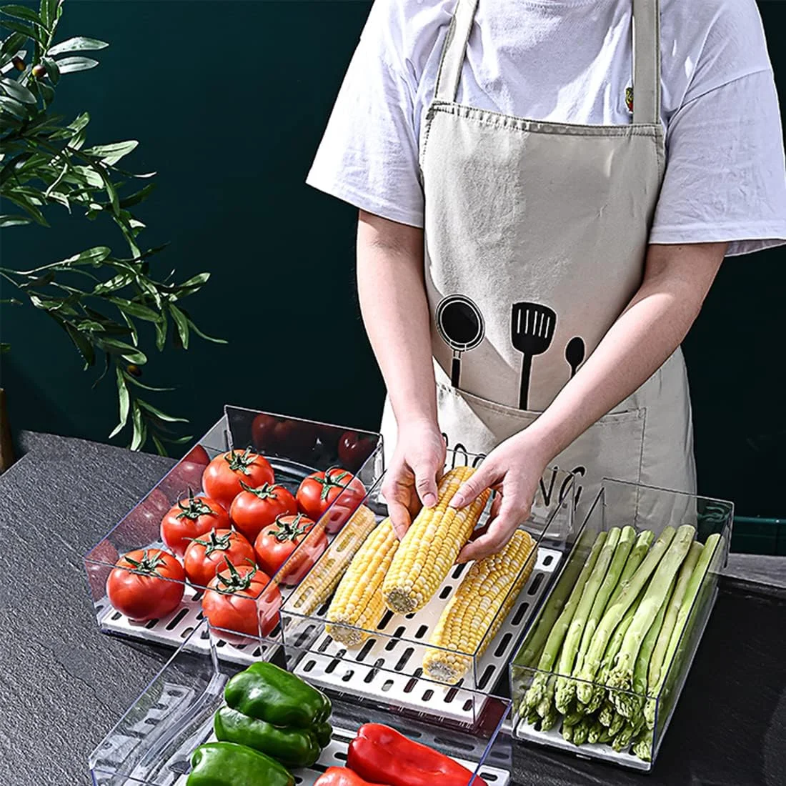 ارگانایزر یخچال شفاف سیامیت، بسته 2 عددی، قابل چیدن با درب، کشو و سینی تخلیه، جعبه نگهداری مواد غذایی بزرگ برای نگهداری میوه و سبزیجات - سایز کوچک