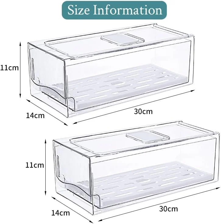 ارگانایزر یخچال شفاف سیامیت، بسته 2 عددی، قابل چیدن با درب، کشو و سینی تخلیه، جعبه نگهداری مواد غذایی بزرگ برای نگهداری میوه و سبزیجات - سایز کوچک