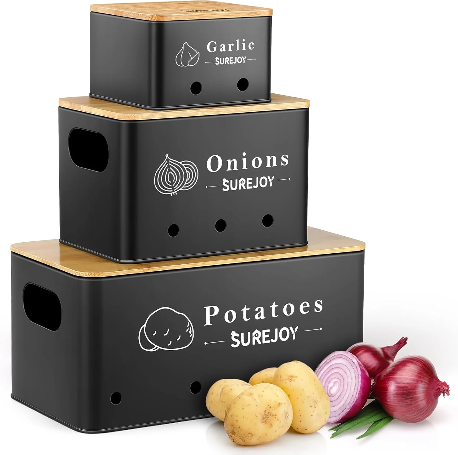 جعبه نگهداری سیب زمینی Surejoy، مجموعه 3 عددی، ظروف نگهداری پیاز و سیر، سبزیجات را برای مدت طولانی تری تازه نگه می دارد، سازمان دهنده آشپزخانه، ظرف سیر، جعبه سیب زمینی، ظرف جعبه پیاز (مشکی)