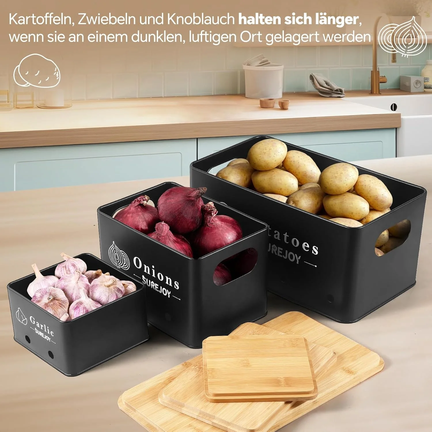 جعبه نگهداری سیب زمینی Surejoy، مجموعه 3 عددی، ظروف نگهداری پیاز و سیر، سبزیجات را برای مدت طولانی تری تازه نگه می دارد، سازمان دهنده آشپزخانه، ظرف سیر، جعبه سیب زمینی، ظرف جعبه پیاز (مشکی)