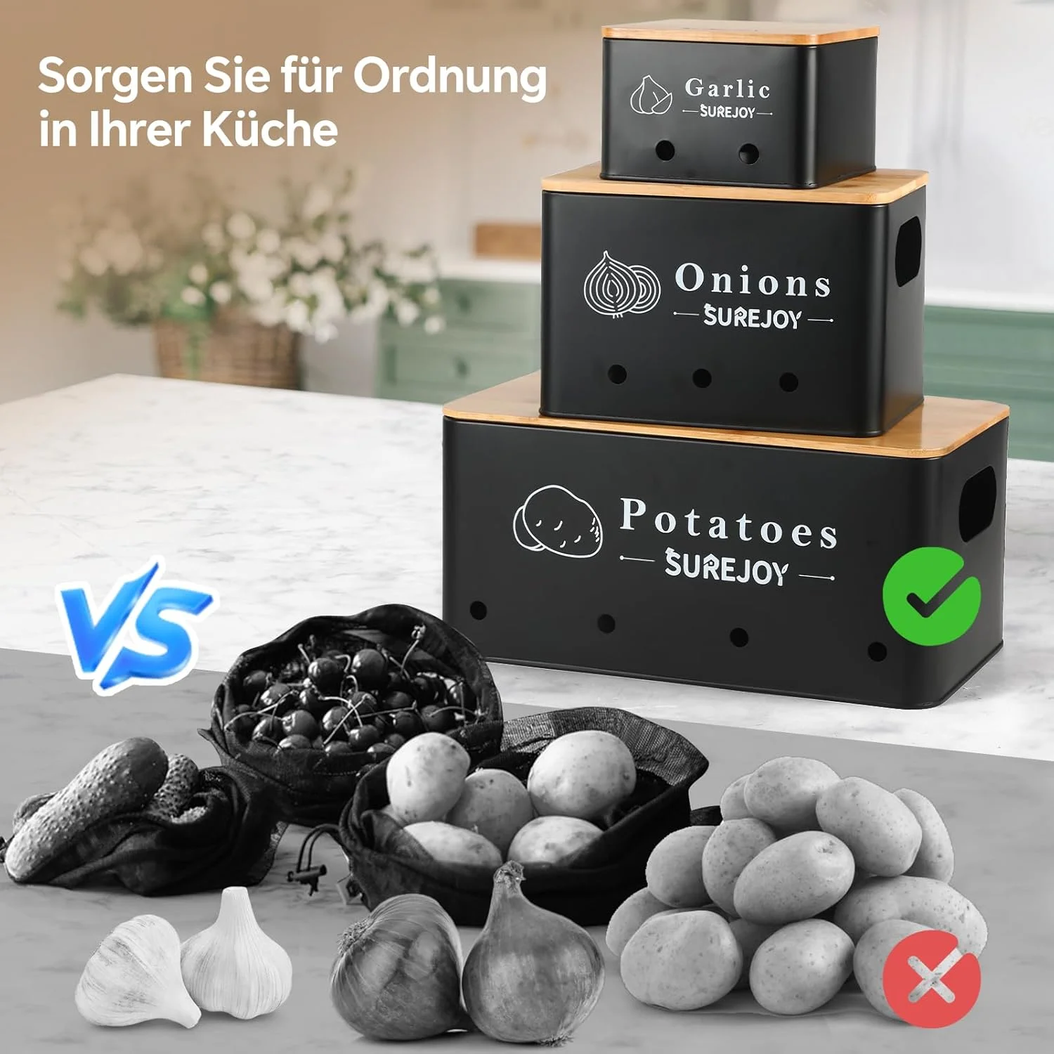 جعبه نگهداری سیب زمینی Surejoy، مجموعه 3 عددی، ظروف نگهداری پیاز و سیر، سبزیجات را برای مدت طولانی تری تازه نگه می دارد، سازمان دهنده آشپزخانه، ظرف سیر، جعبه سیب زمینی، ظرف جعبه پیاز (مشکی)