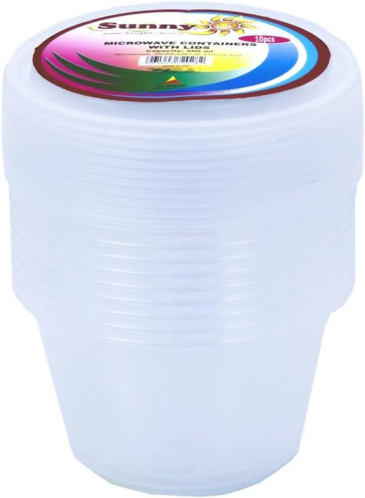 ظرف یکبار مصرف پلاستیکی سانی یور برایت چویس، ظرف غذای گرد مایکروویوی با درب 500 میلی لیتر شفاف، 10 عدد